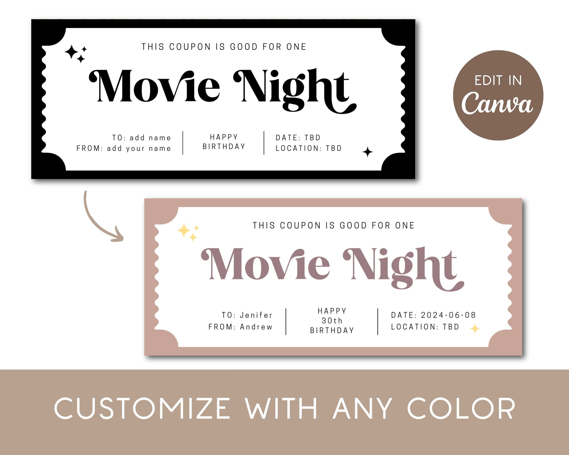 Movie Night Gift Coupon Editable Template Movie Date Voucher Movie Lover Birthday Gift Date Night Coupon Personalized Voucher Certificate - LAUMIANstudio