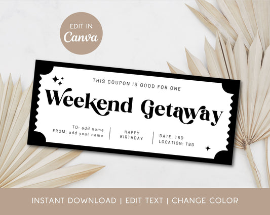 Weekend Getaway Gift Coupon Editable Weekend Together Gift Idea for Working Mom Voucher Birthday Gift Certificate Wife Anniversary Gift Idea - LAUMIANstudio