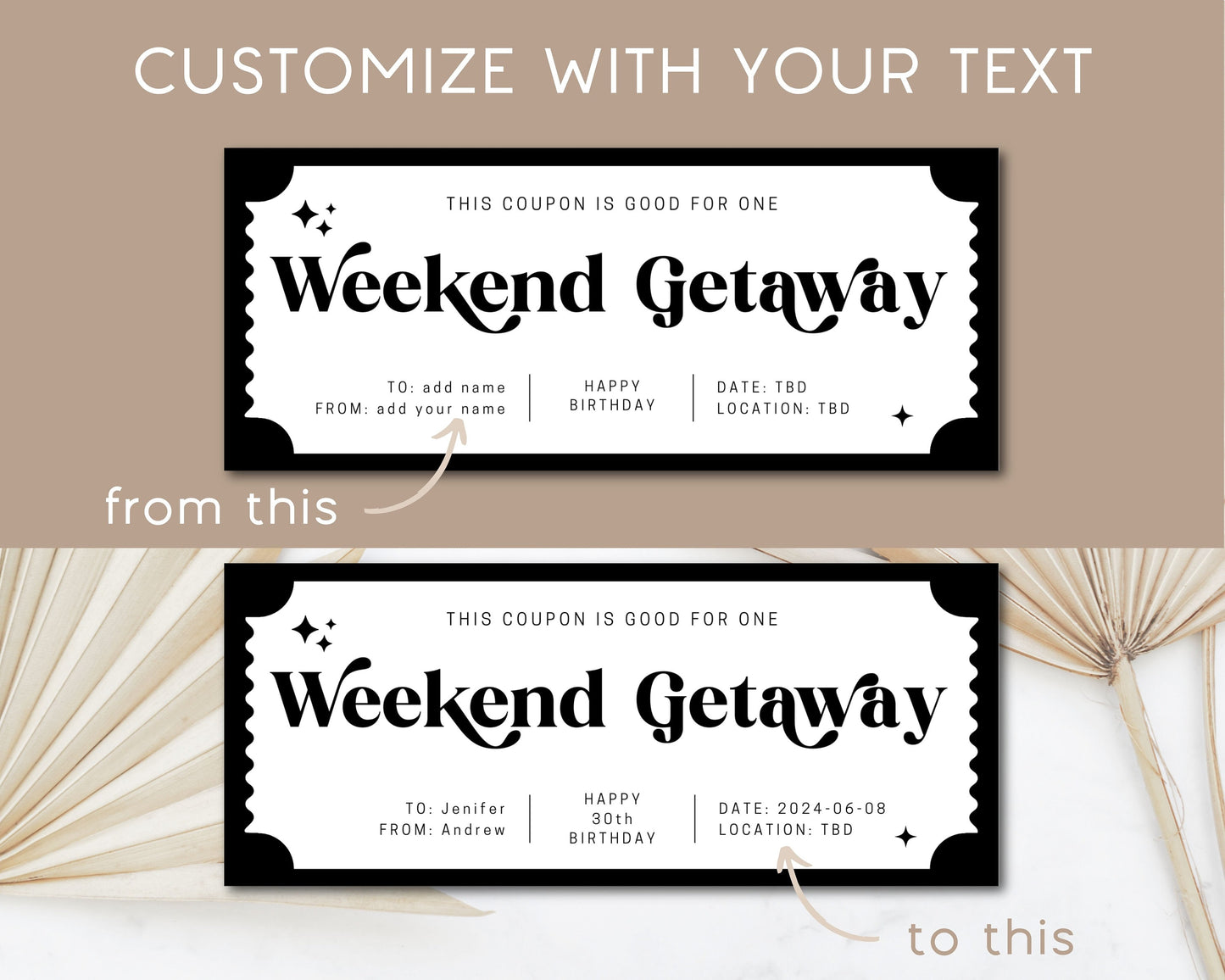 Weekend Getaway Gift Coupon Editable Weekend Together Gift Idea for Working Mom Voucher Birthday Gift Certificate Wife Anniversary Gift Idea - LAUMIANstudio