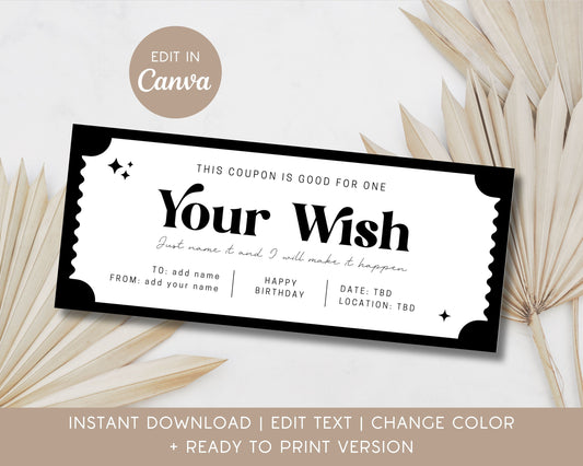 Your Wish Gift Voucher Anniversary Gift Romantic Coupon Editable Template DIY Gift Idea Couple Voucher Birthday Gift Coupon for Girlfriend - LAUMIANstudio