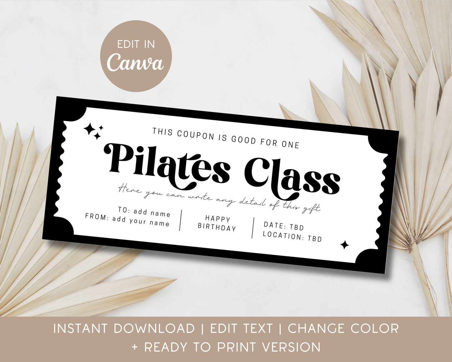 Pilates Class Gift Coupon Pilates Lover Voucher Editable Template Last Minute Gift Idea for Daughter Training Ticket Gift for Ladies Coupon - LAUMIANstudio