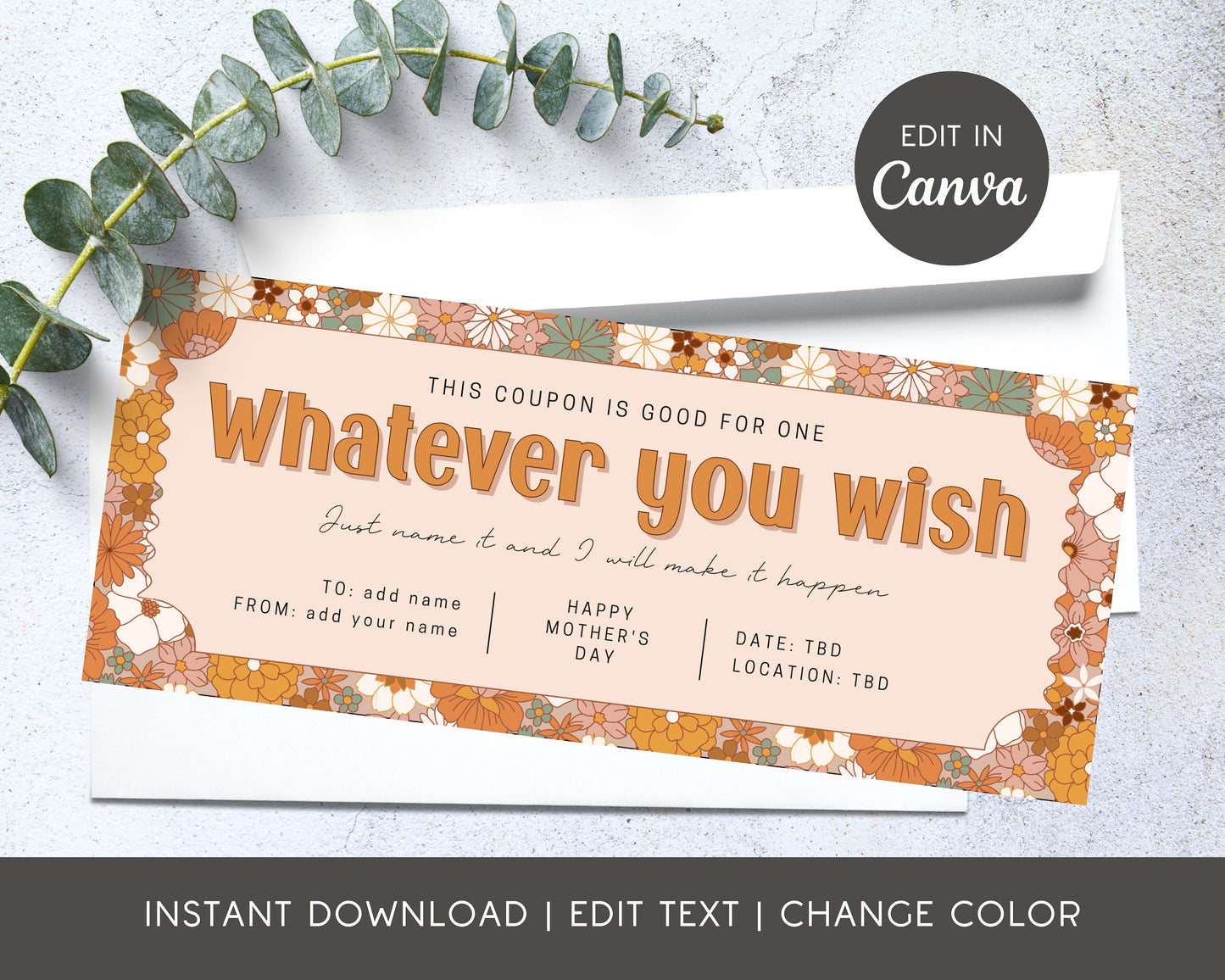 Retro Flower Gift Voucher Whatever You Wish Gift Coupon Editable Birthday Certificate Gift for Grandma Birthday Custom Ticket Mothers Day - LAUMIANstudio