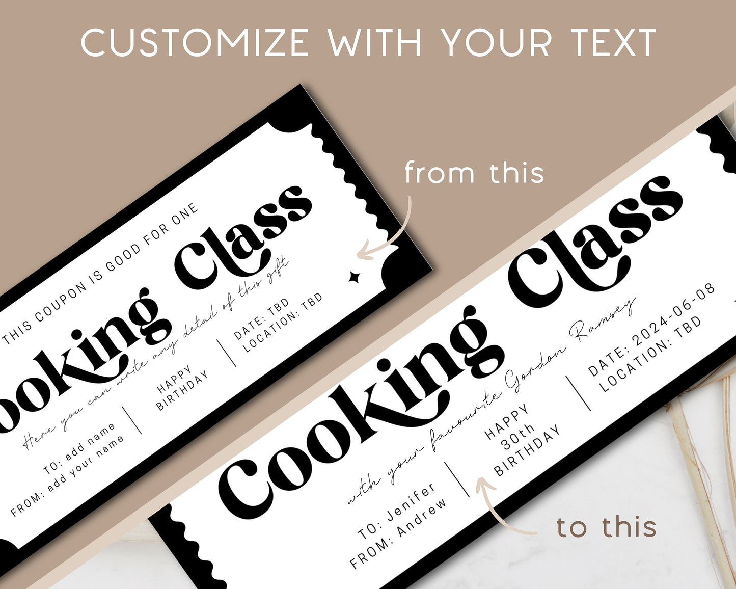 Cooking Class Gift Certificate Custom Coupon for Her Anniversary Gift Idea for Wife Birthday Last Minute Present Cook Lesson Voucher Digital - LAUMIANstudio