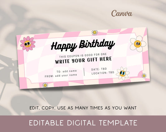 Groovy Happy Birthday Coupon Gift for Her Coupon Birthday Digital Coupon Retro Custom Voucher Happy Birthday Ticket Editable Canva Template - LAUMIANstudio