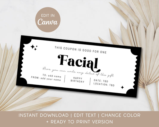 Facial Gift Coupon Girls Day Birthday Certificate Editable Template 21st Birthday Gift Last Minute Gift Idea for Daughter Facial Voucher - LAUMIANstudio