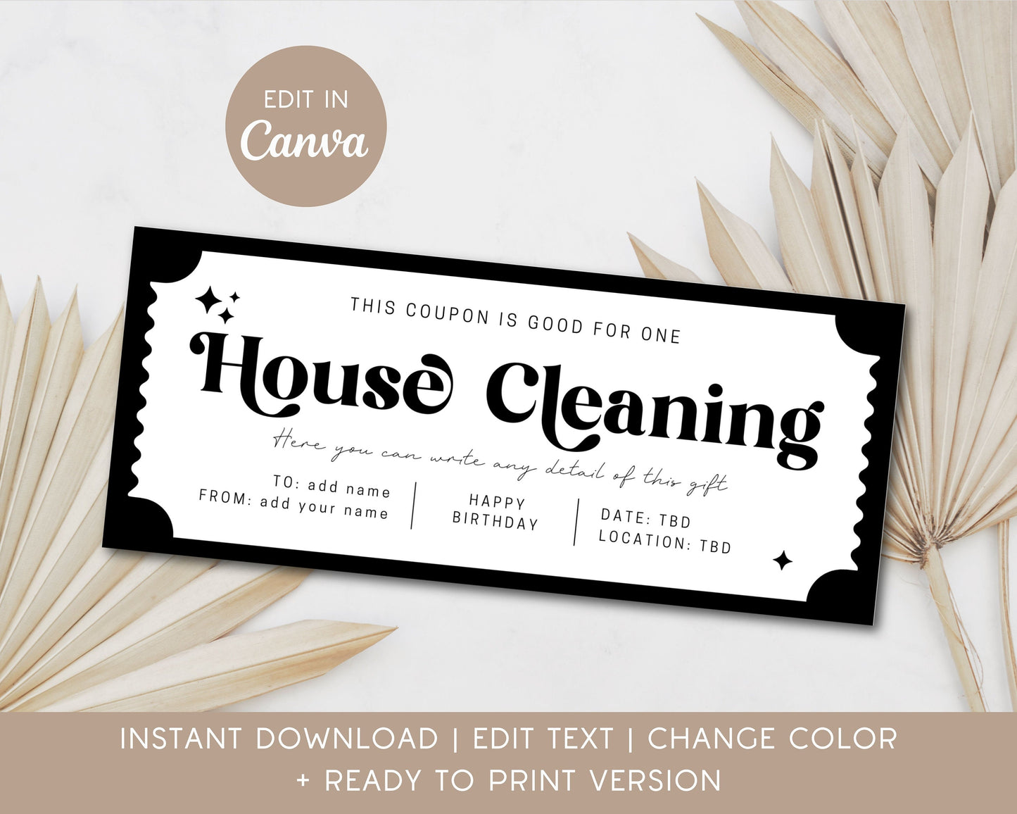 House Cleaning Gift Coupon Home Cleaning Voucher Editable Certificate New Home Help Ticket Custom Template Gift for Grandma Get Well Gift - LAUMIANstudio