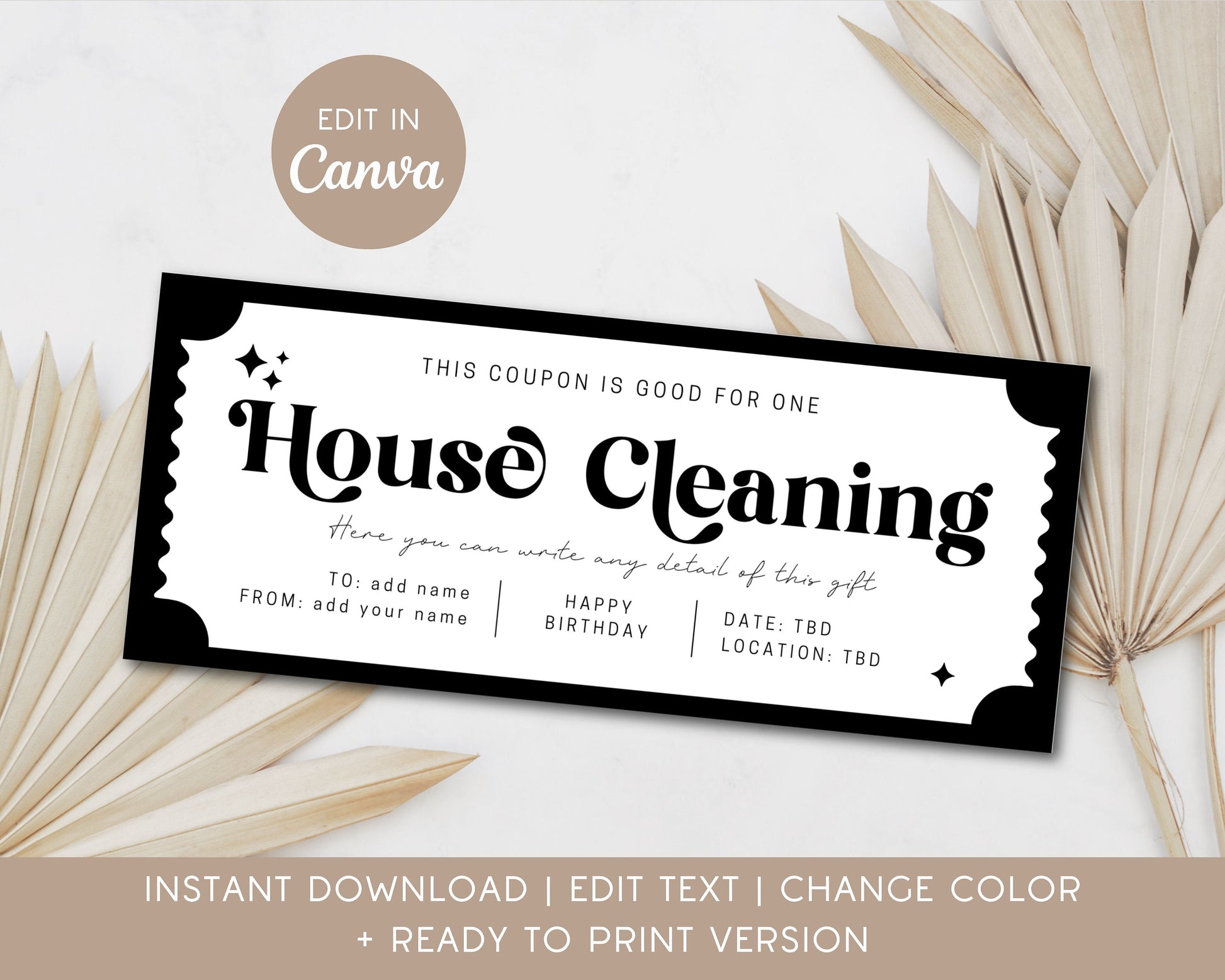 House Cleaning Gift Coupon Home Cleaning Voucher Editable Certificate New Home Help Ticket Custom Template Gift for Grandma Get Well Gift - LAUMIANstudio