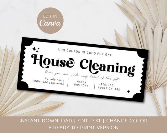 House Cleaning Gift Coupon Home Cleaning Voucher Editable Certificate New Home Help Ticket Custom Template Gift for Grandma Get Well Gift - LAUMIANstudio