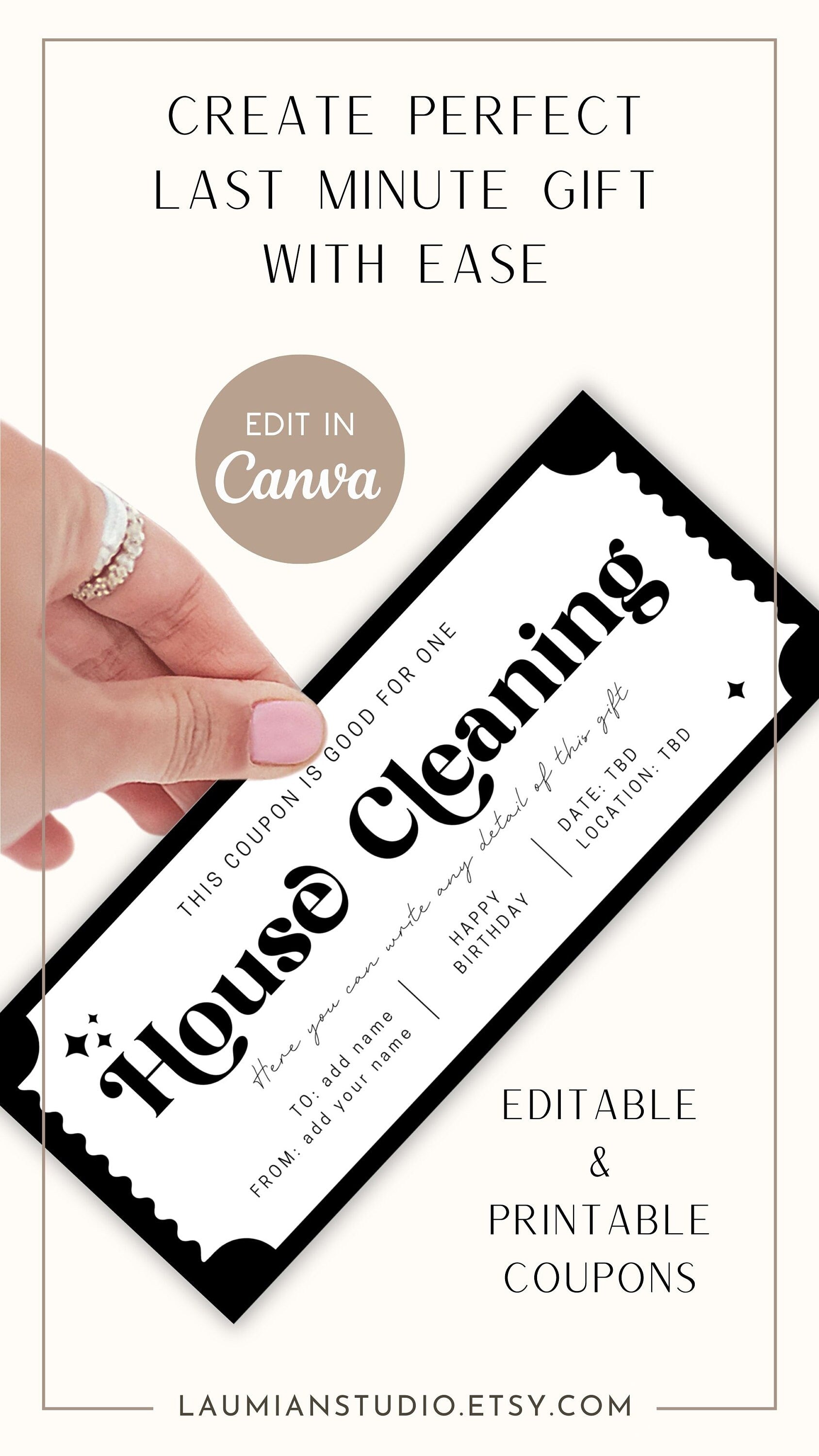 House Cleaning Gift Coupon Home Cleaning Voucher Editable Certificate New Home Help Ticket Custom Template Gift for Grandma Get Well Gift - LAUMIANstudio