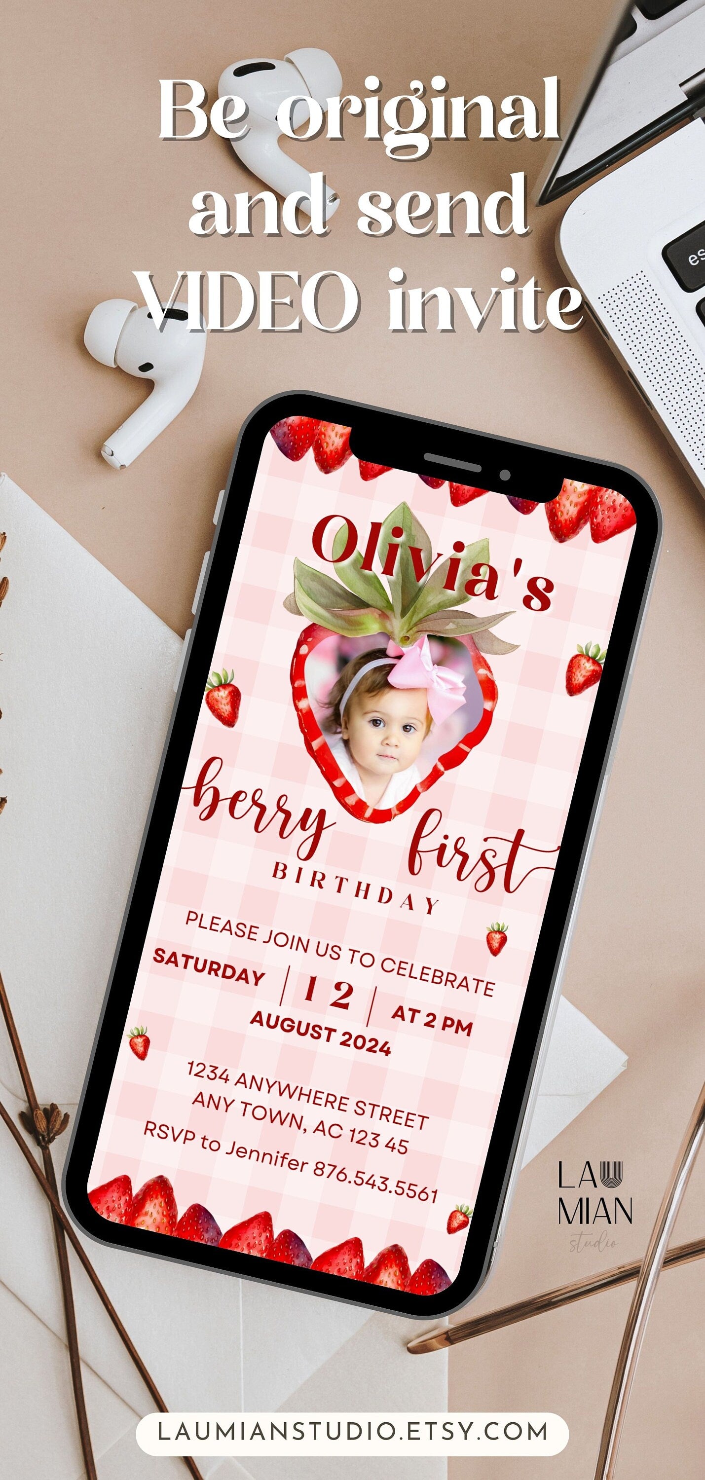 My Berry First Birthday Invitation Template Berry First Video Invite Baby Girl 1st Birthday Invitation Strawberry Mobile Video Pink Gingham - LAUMIANstudio