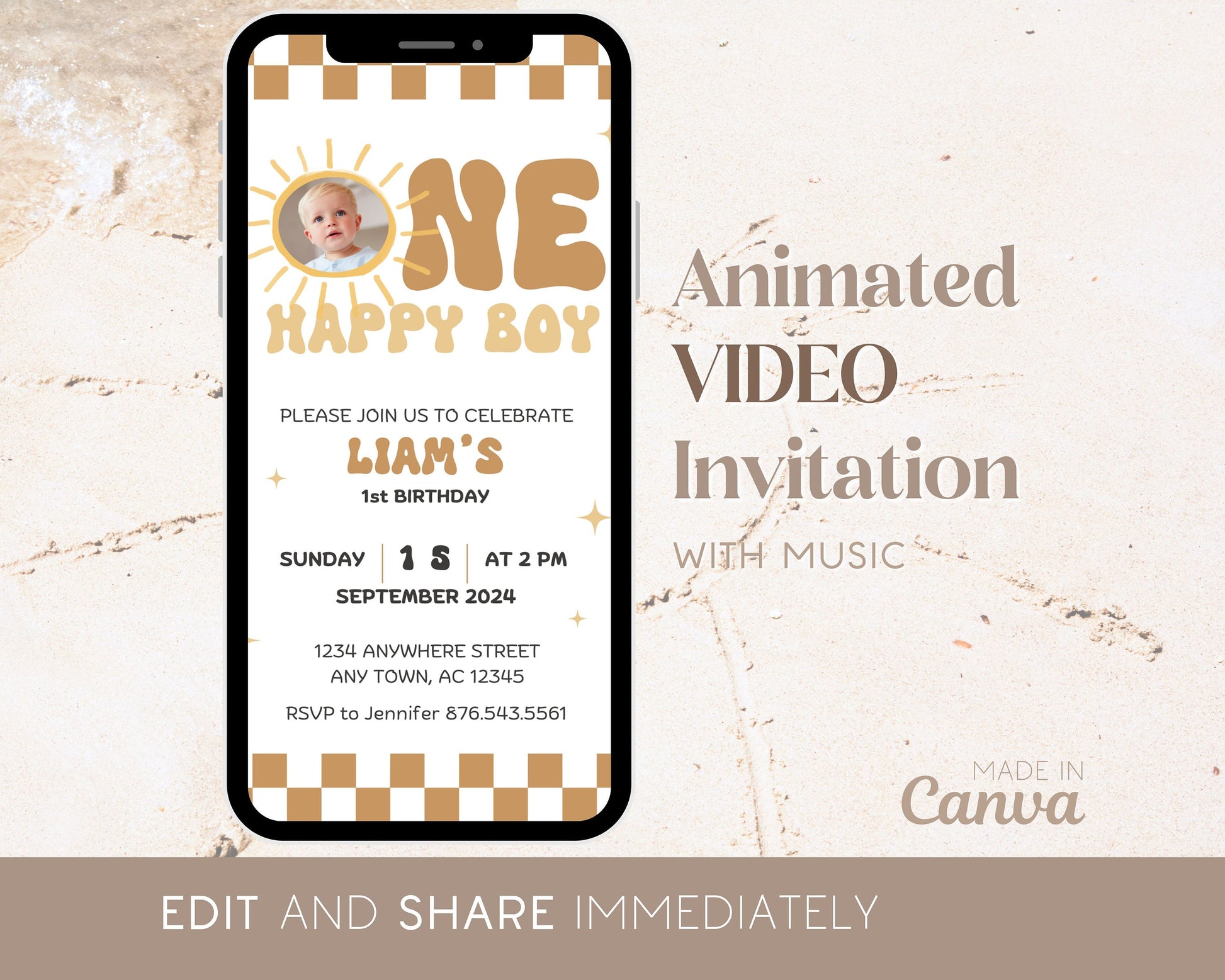 Editable One Happy Boy First Birthday Invitation Template Baby Boy Phone Invite 1st Birthday Evite Boho Sun 1st Birthday Invite Mobile Video - LAUMIANstudio
