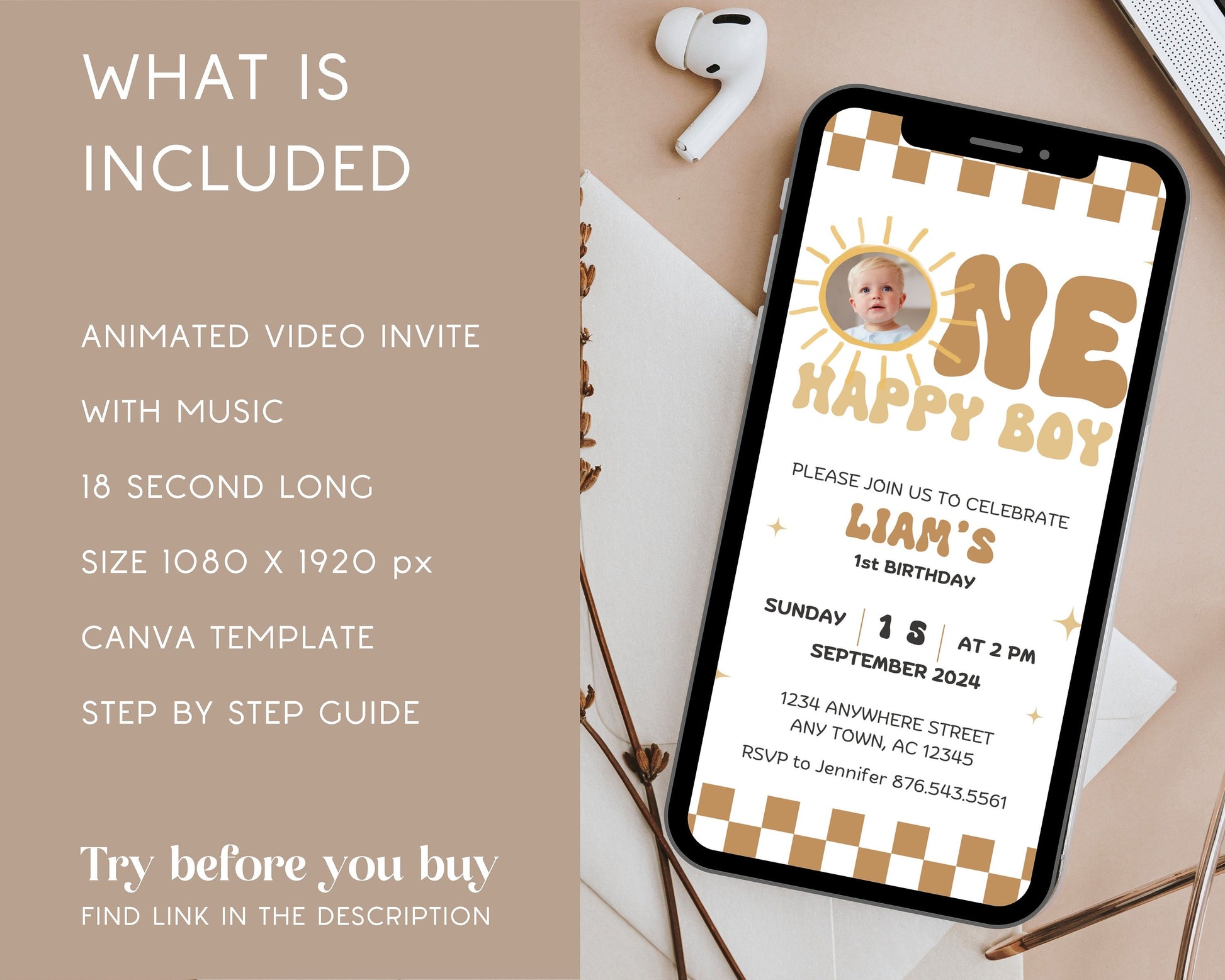 Editable One Happy Boy First Birthday Invitation Template Baby Boy Phone Invite 1st Birthday Evite Boho Sun 1st Birthday Invite Mobile Video - LAUMIANstudio