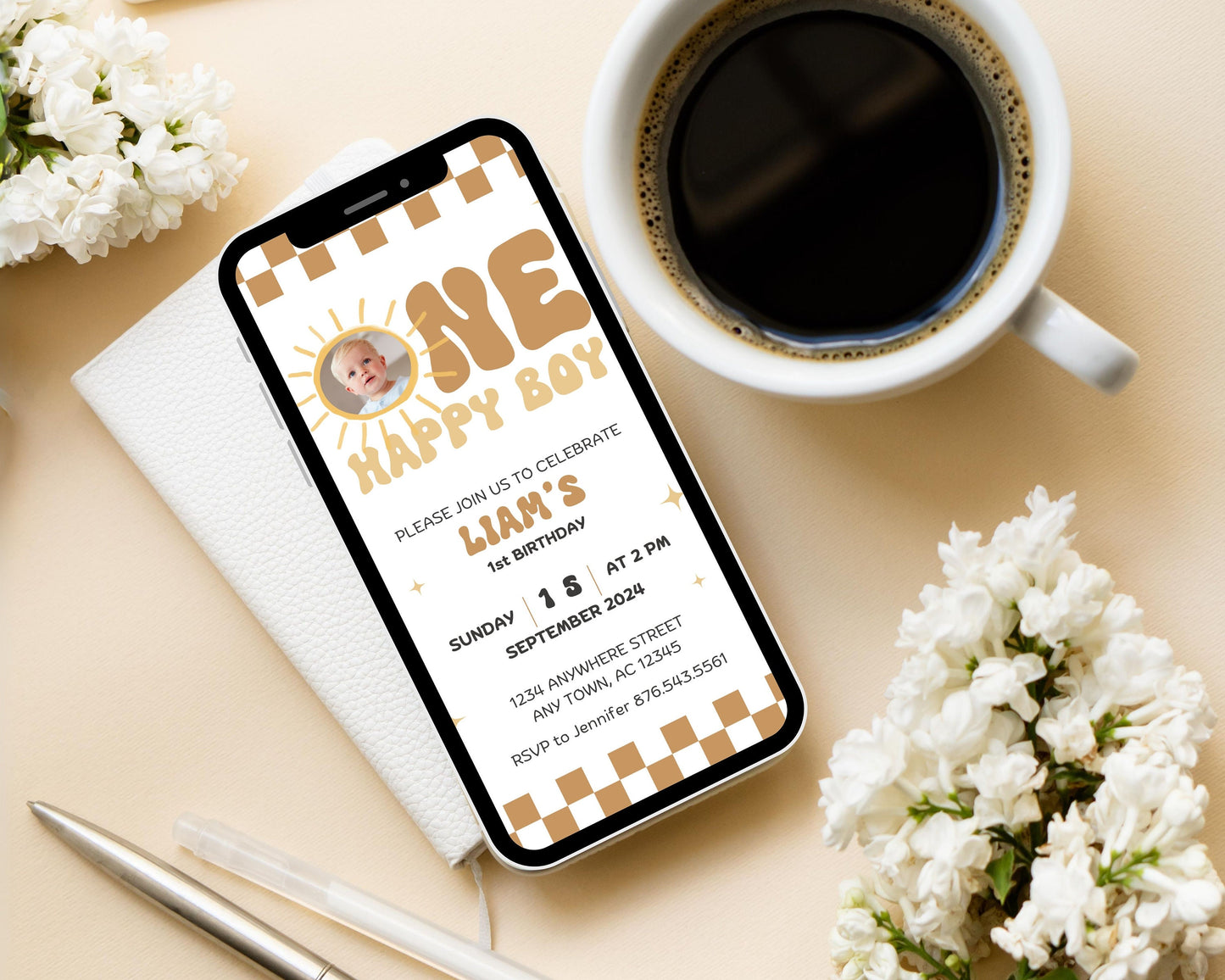 Editable One Happy Boy First Birthday Invitation Template Baby Boy Phone Invite 1st Birthday Evite Boho Sun 1st Birthday Invite Mobile Video - LAUMIANstudio