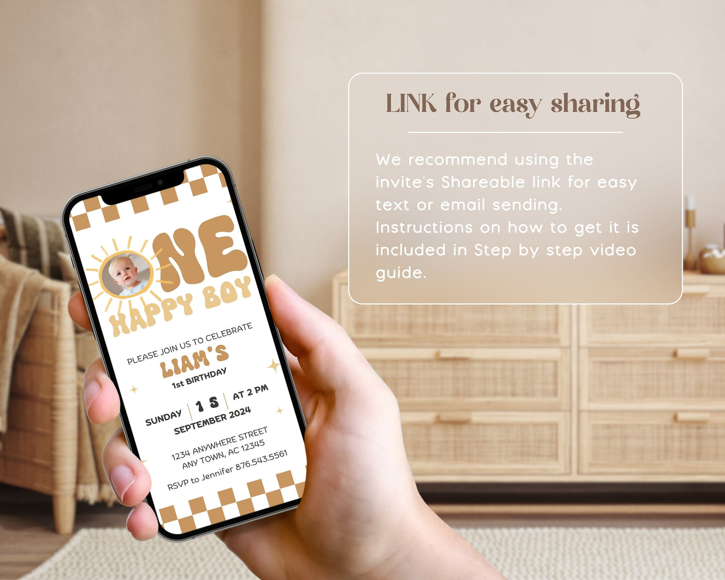 Editable One Happy Boy First Birthday Invitation Template Baby Boy Phone Invite 1st Birthday Evite Boho Sun 1st Birthday Invite Mobile Video - LAUMIANstudio
