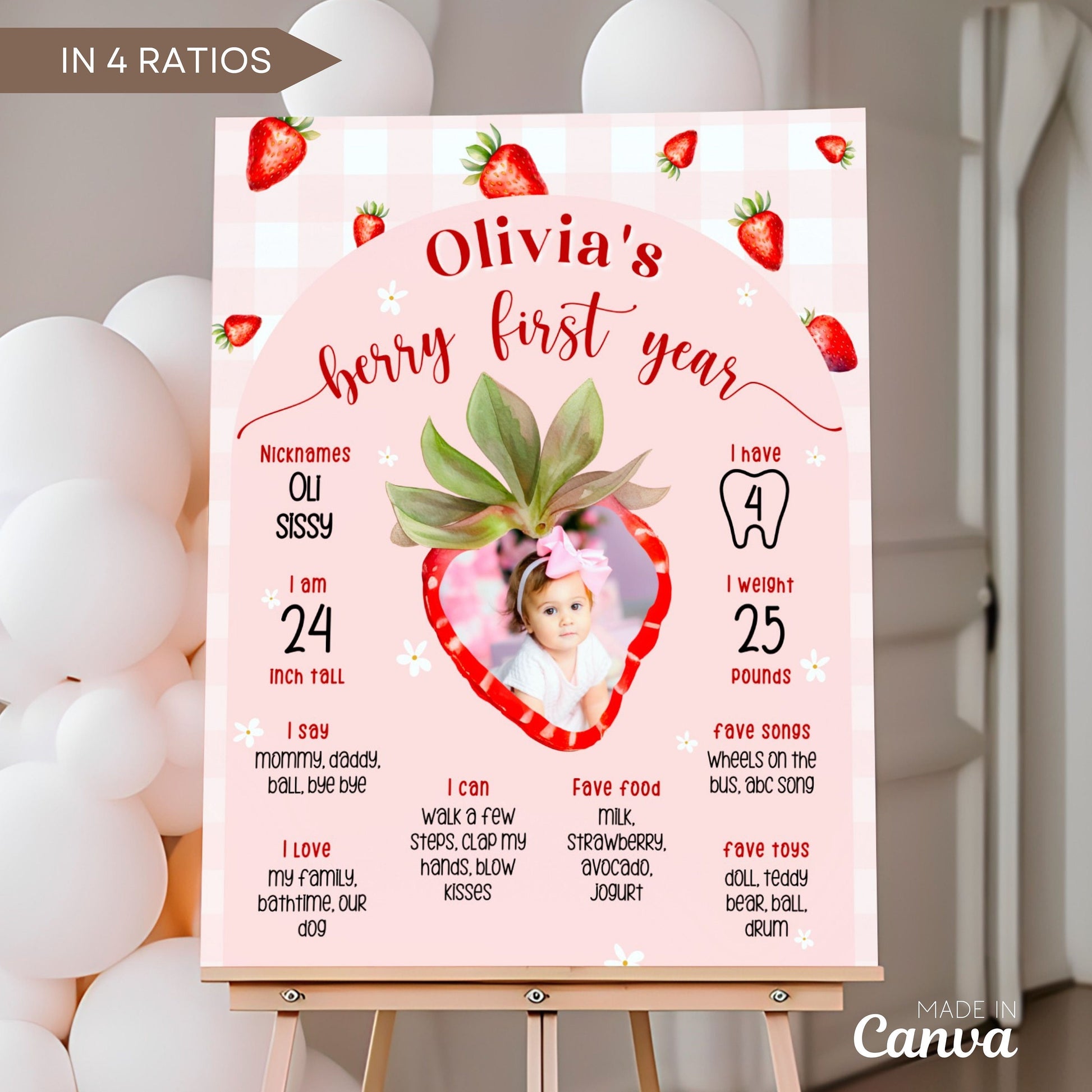Editable Berry First Year Milestone Board Template Strawberry 1st Birthday Party Sign Baby First Birthday Milestone Poster 1st Birthday Sign - LAUMIANstudio