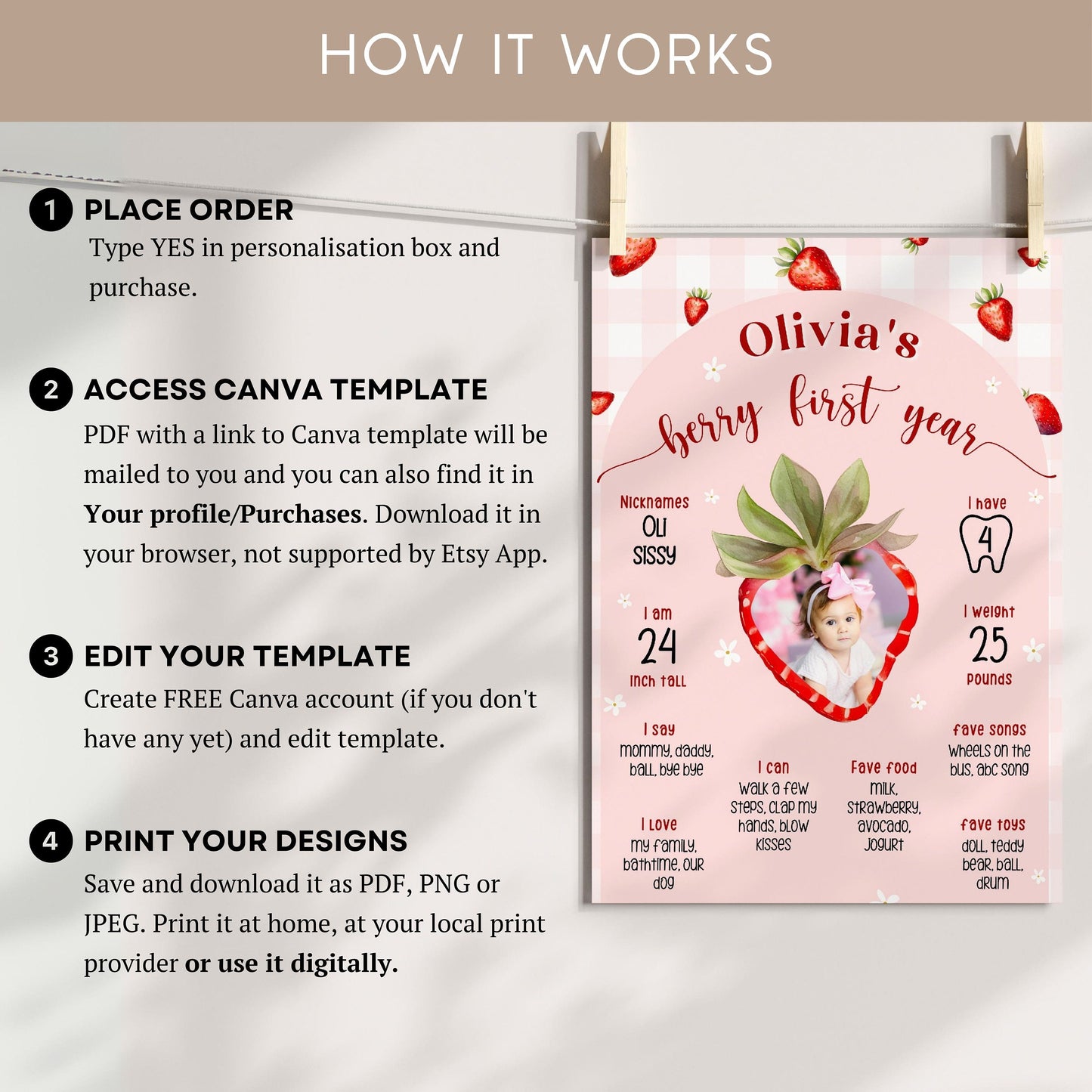 Editable Berry First Year Milestone Board Template Strawberry 1st Birthday Party Sign Baby First Birthday Milestone Poster 1st Birthday Sign - LAUMIANstudio