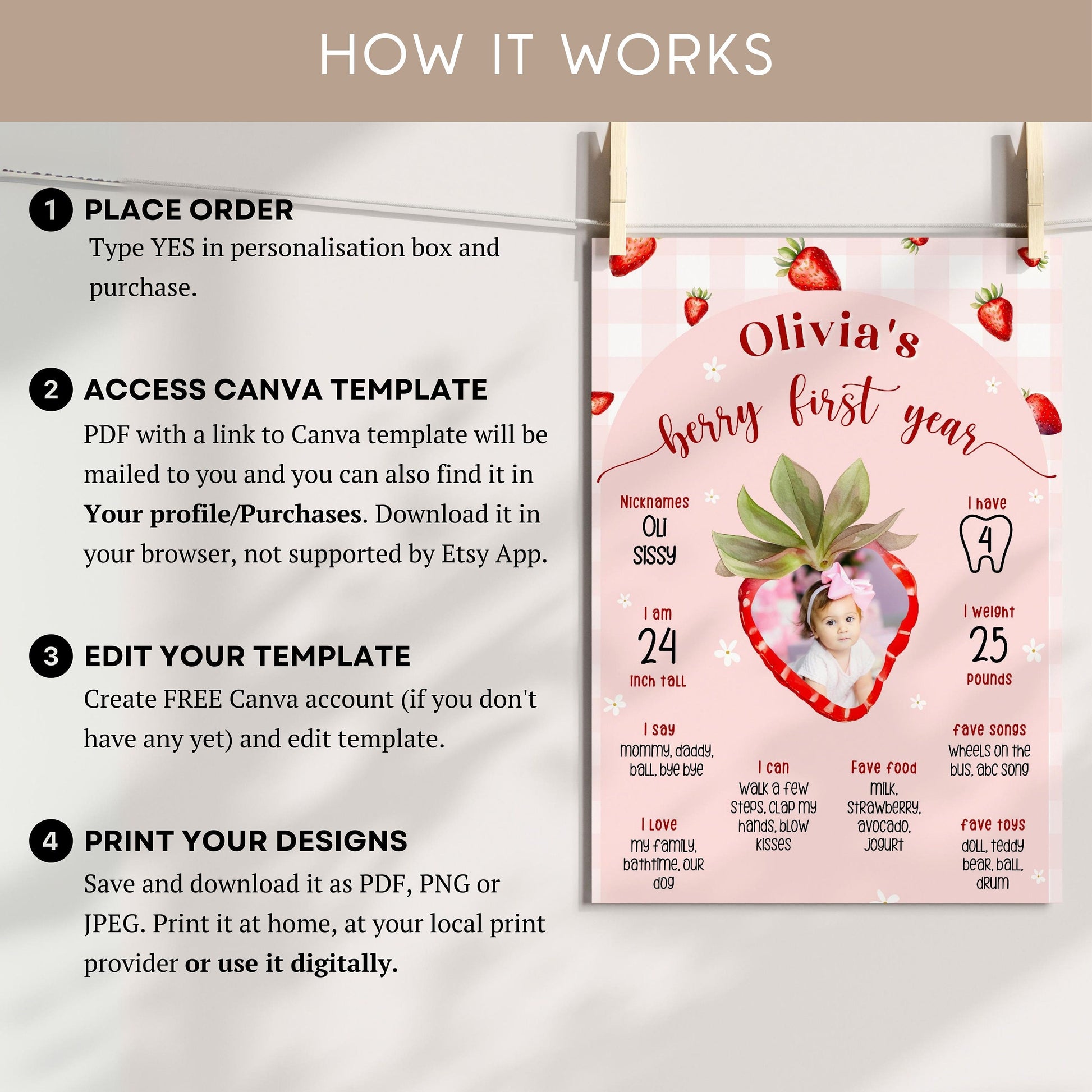 Editable Berry First Year Milestone Board Template Strawberry 1st Birthday Party Sign Baby First Birthday Milestone Poster 1st Birthday Sign - LAUMIANstudio