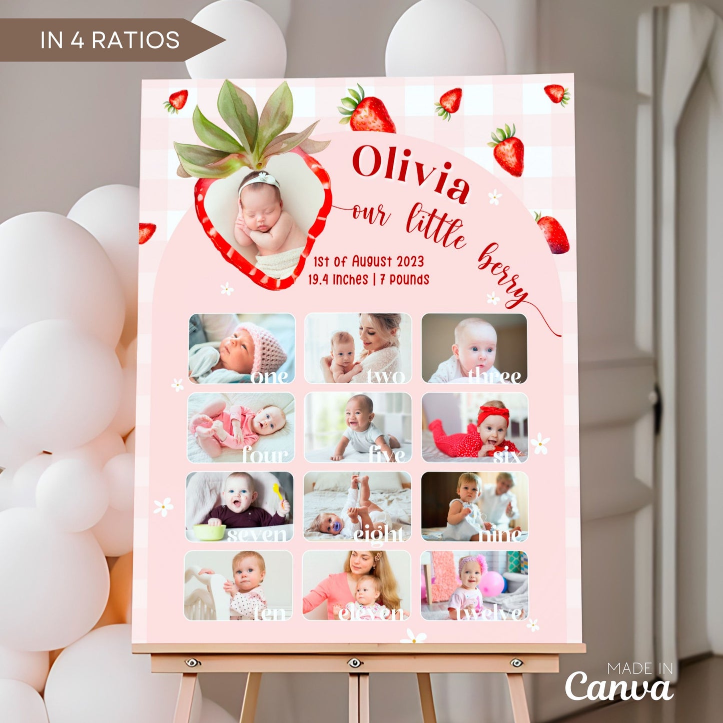 First Year Photo Milestone Board Canva Template Berry First Year Photo Sign Strawberry 1st Birthday Celebration Board with Photo Baby Girl - LAUMIANstudio