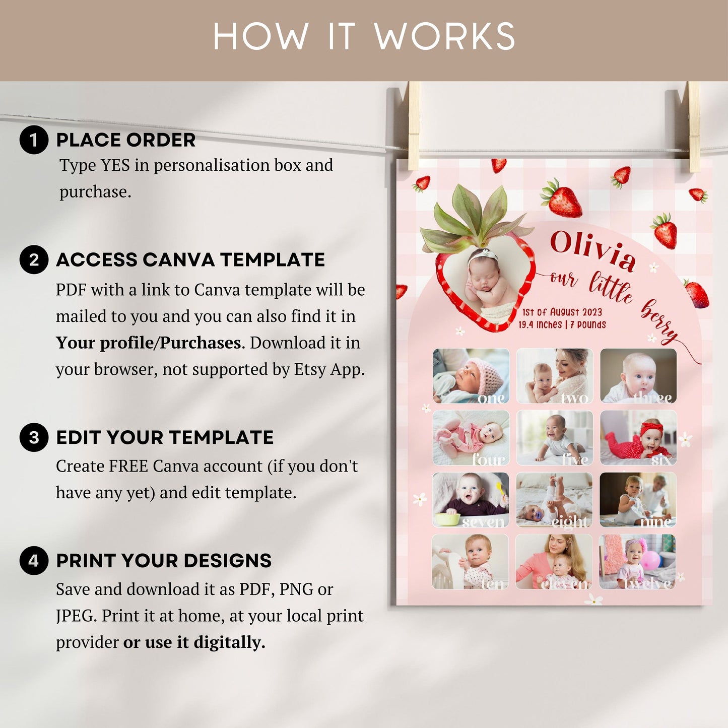 First Year Photo Milestone Board Canva Template Berry First Year Photo Sign Strawberry 1st Birthday Celebration Board with Photo Baby Girl - LAUMIANstudio