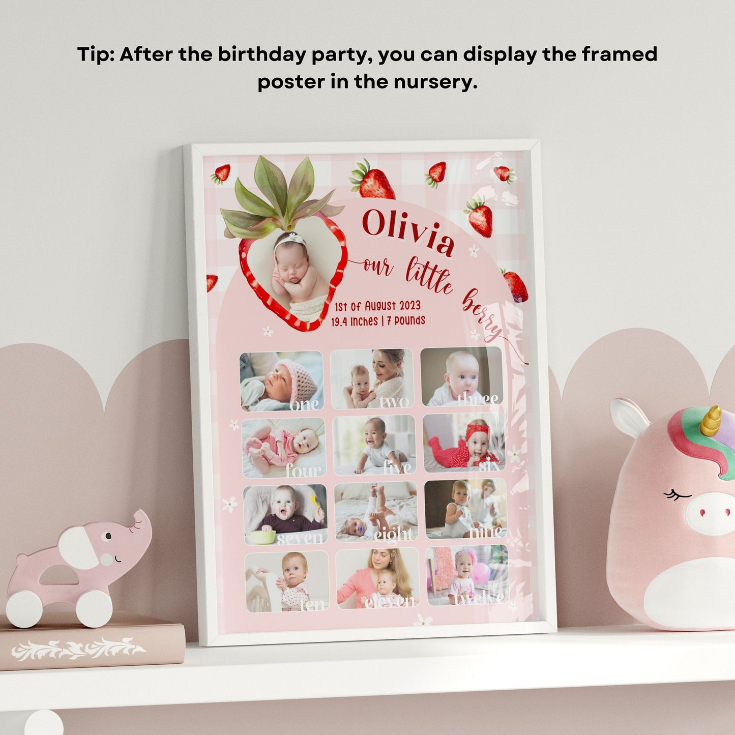 First Year Photo Milestone Board Canva Template Berry First Year Photo Sign Strawberry 1st Birthday Celebration Board with Photo Baby Girl - LAUMIANstudio
