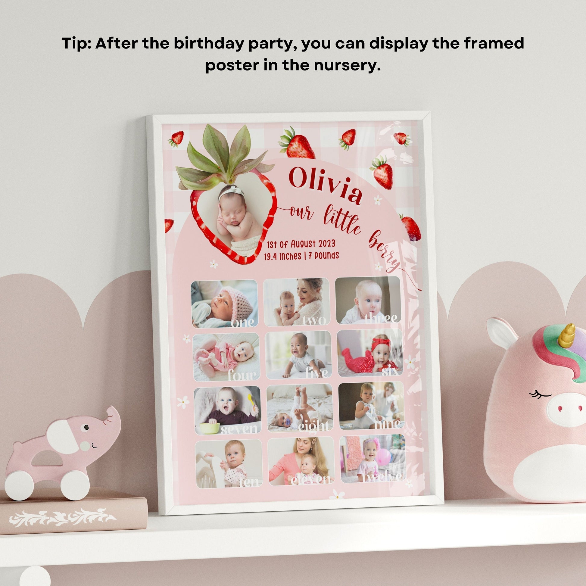 First Year Photo Milestone Board Canva Template Berry First Year Photo Sign Strawberry 1st Birthday Celebration Board with Photo Baby Girl - LAUMIANstudio