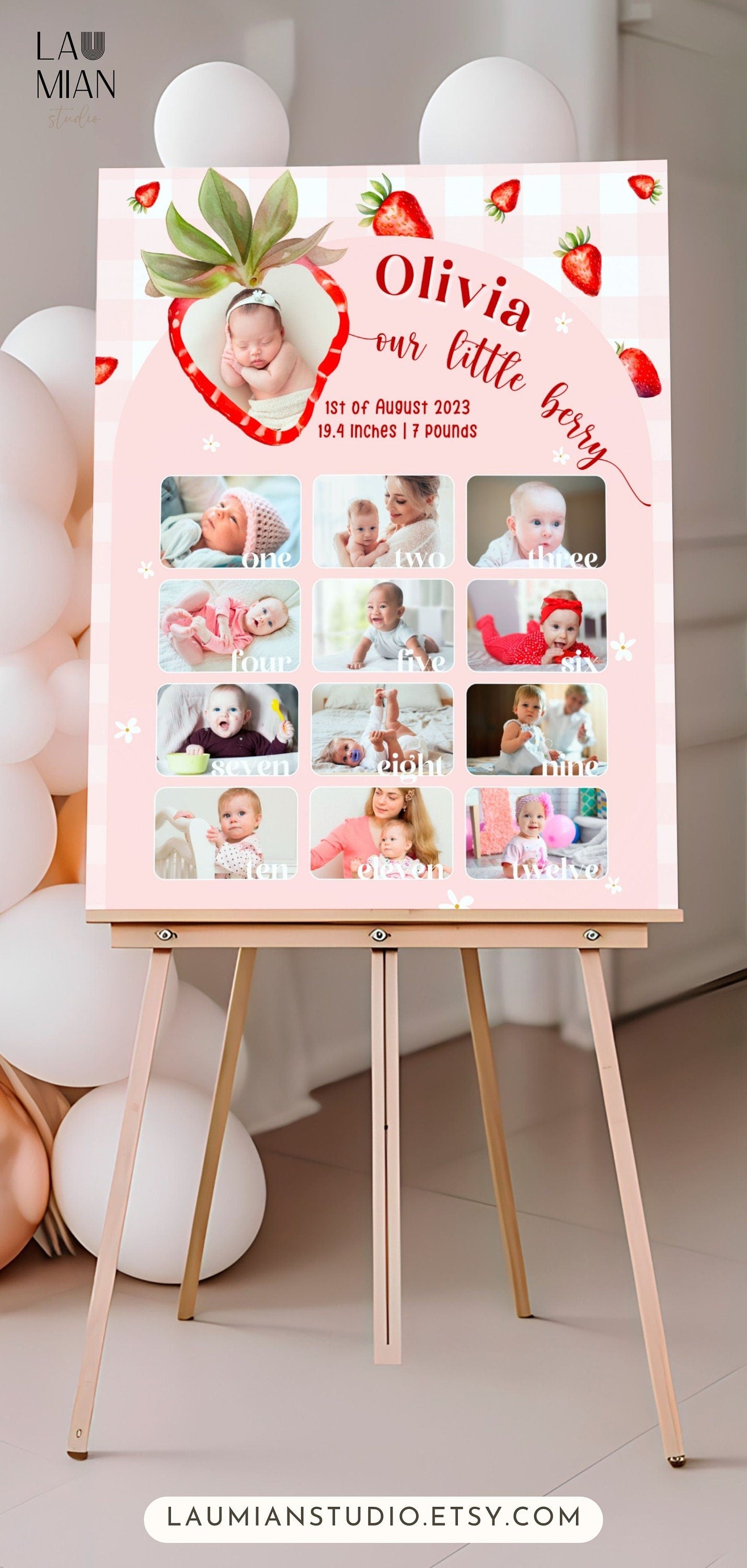 First Year Photo Milestone Board Canva Template Berry First Year Photo Sign Strawberry 1st Birthday Celebration Board with Photo Baby Girl - LAUMIANstudio