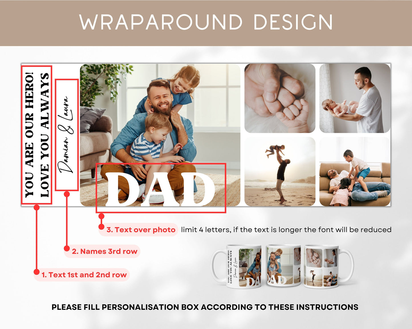 Personalised Photo Mug for Dad Christmas Gift with Kid Photo Custom Ceramic Mug for Daddy Gift with Custom Text Birthday Mug Photo Keepsake - LAUMIANstudio