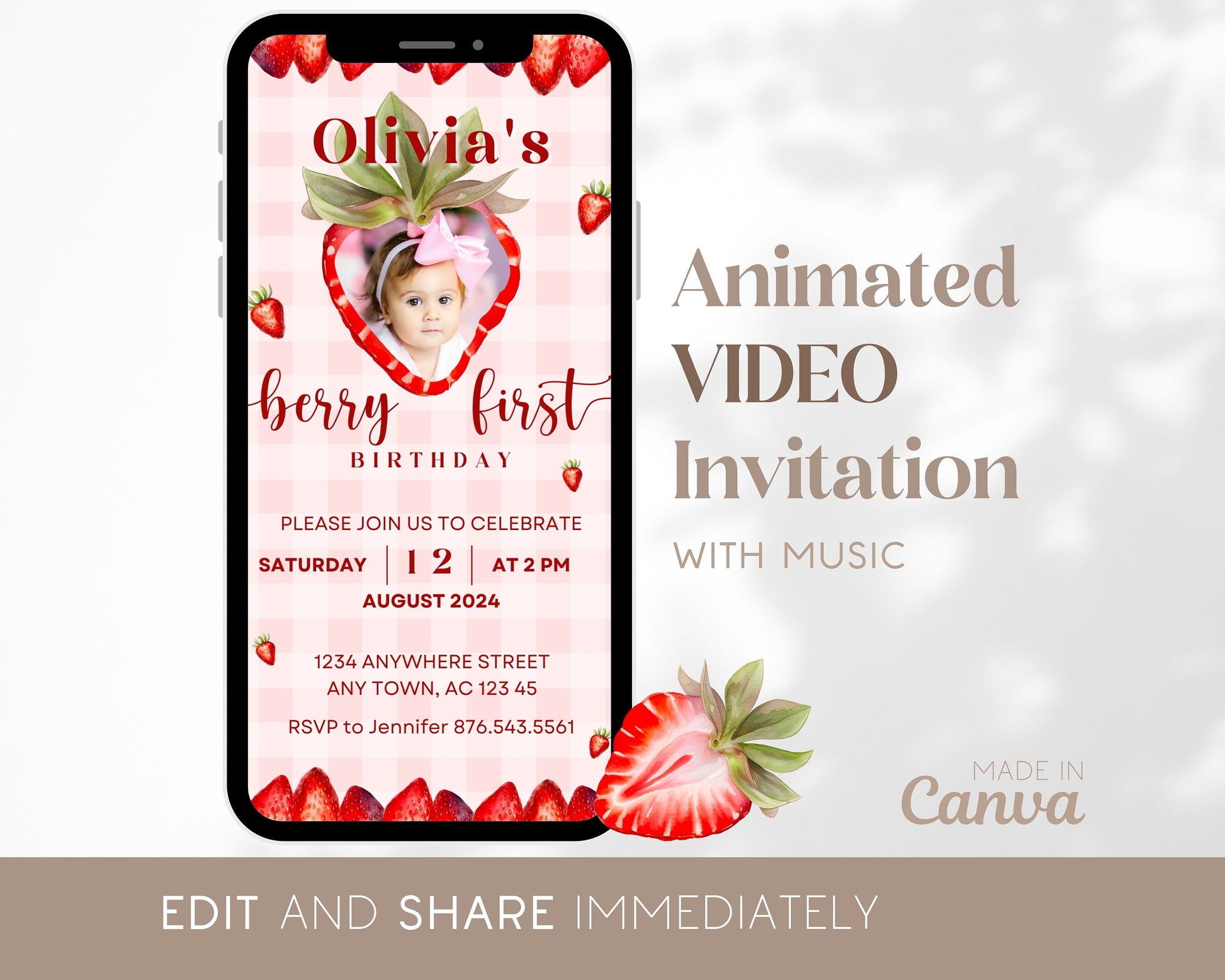 My Berry First Birthday Invitation Template Berry First Video Invite Baby Girl 1st Birthday Invitation Strawberry Mobile Video Pink Gingham - LAUMIANstudio