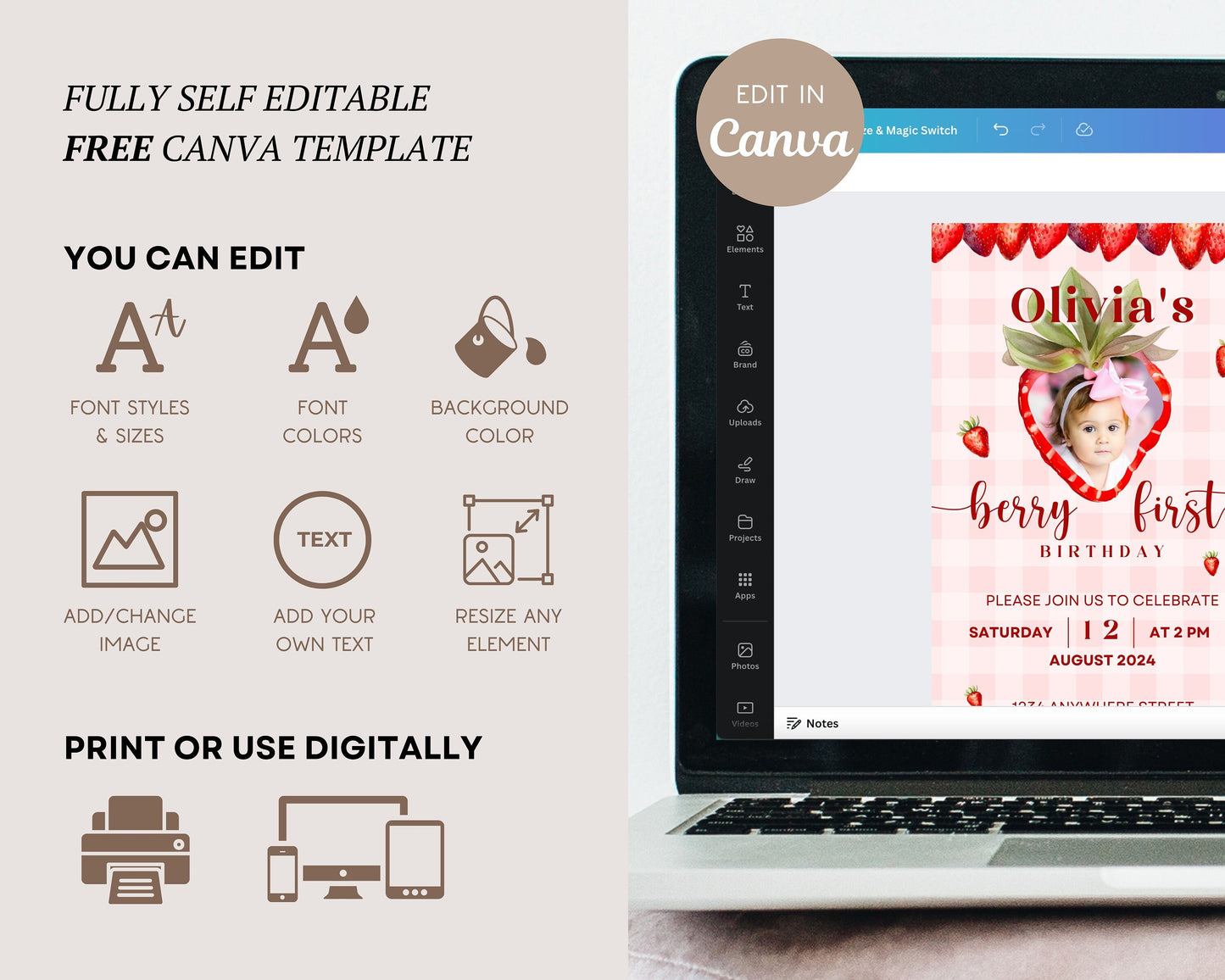 My Berry First Birthday Invitation Template Berry First Video Invite Baby Girl 1st Birthday Invitation Strawberry Mobile Video Pink Gingham - LAUMIANstudio