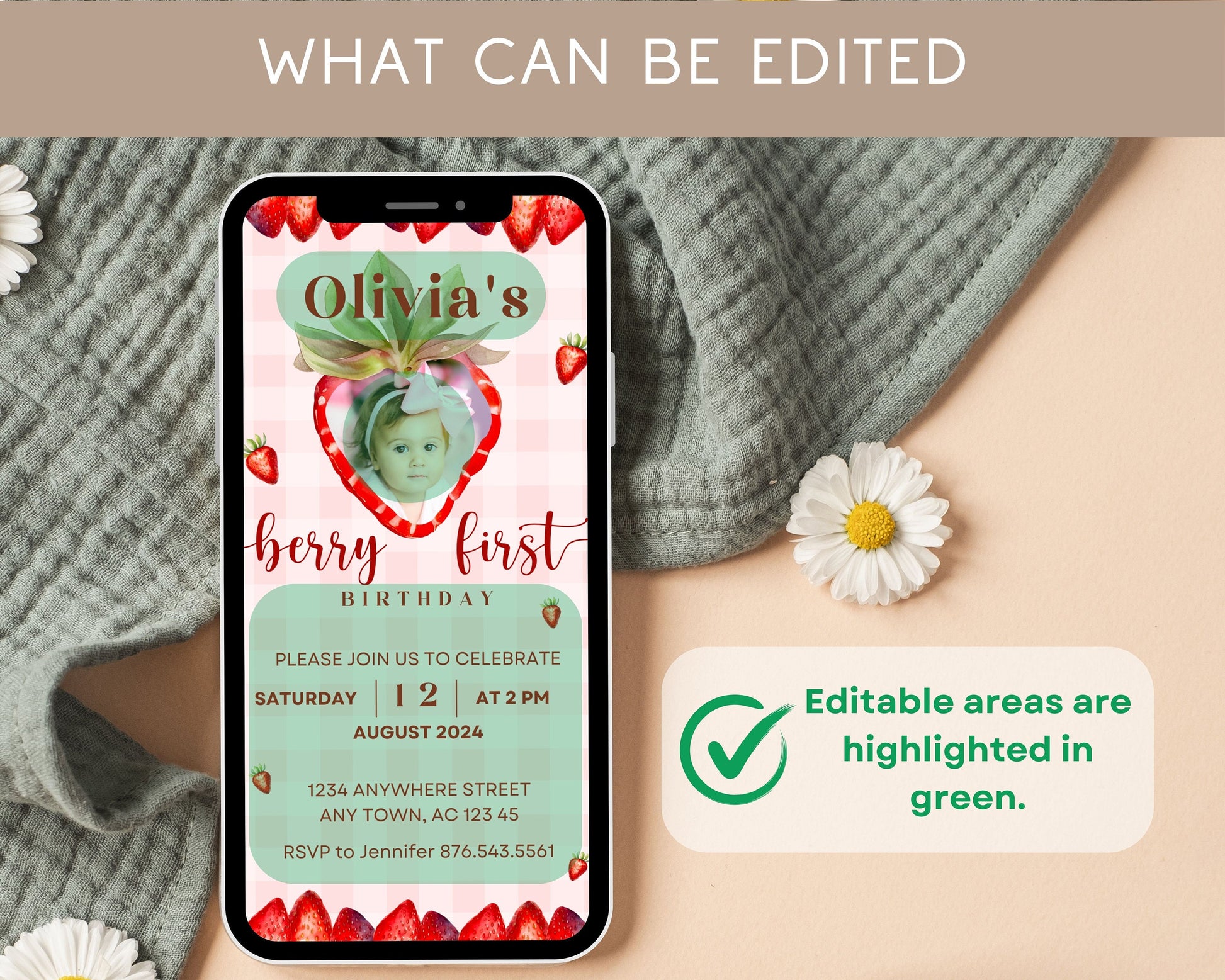 My Berry First Birthday Invitation Template Berry First Video Invite Baby Girl 1st Birthday Invitation Strawberry Mobile Video Pink Gingham - LAUMIANstudio