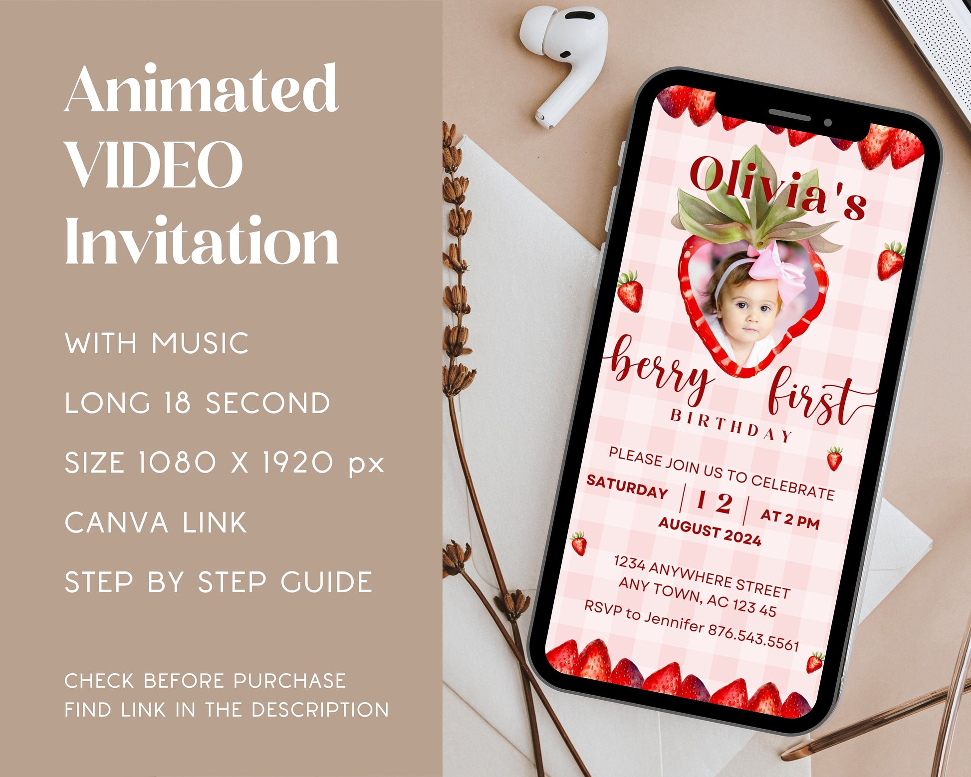 My Berry First Birthday Invitation Template Berry First Video Invite Baby Girl 1st Birthday Invitation Strawberry Mobile Video Pink Gingham - LAUMIANstudio
