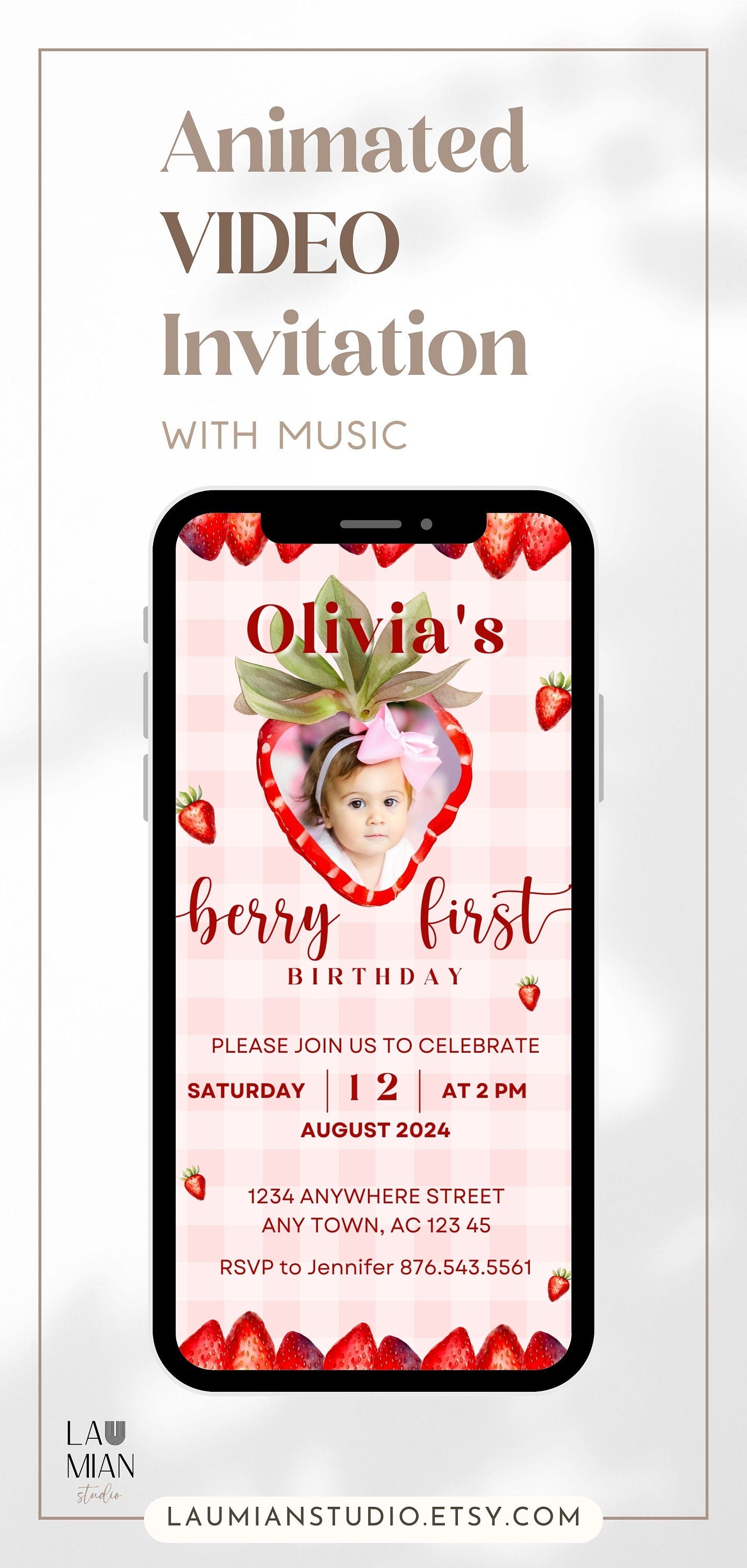My Berry First Birthday Invitation Template Berry First Video Invite Baby Girl 1st Birthday Invitation Strawberry Mobile Video Pink Gingham - LAUMIANstudio