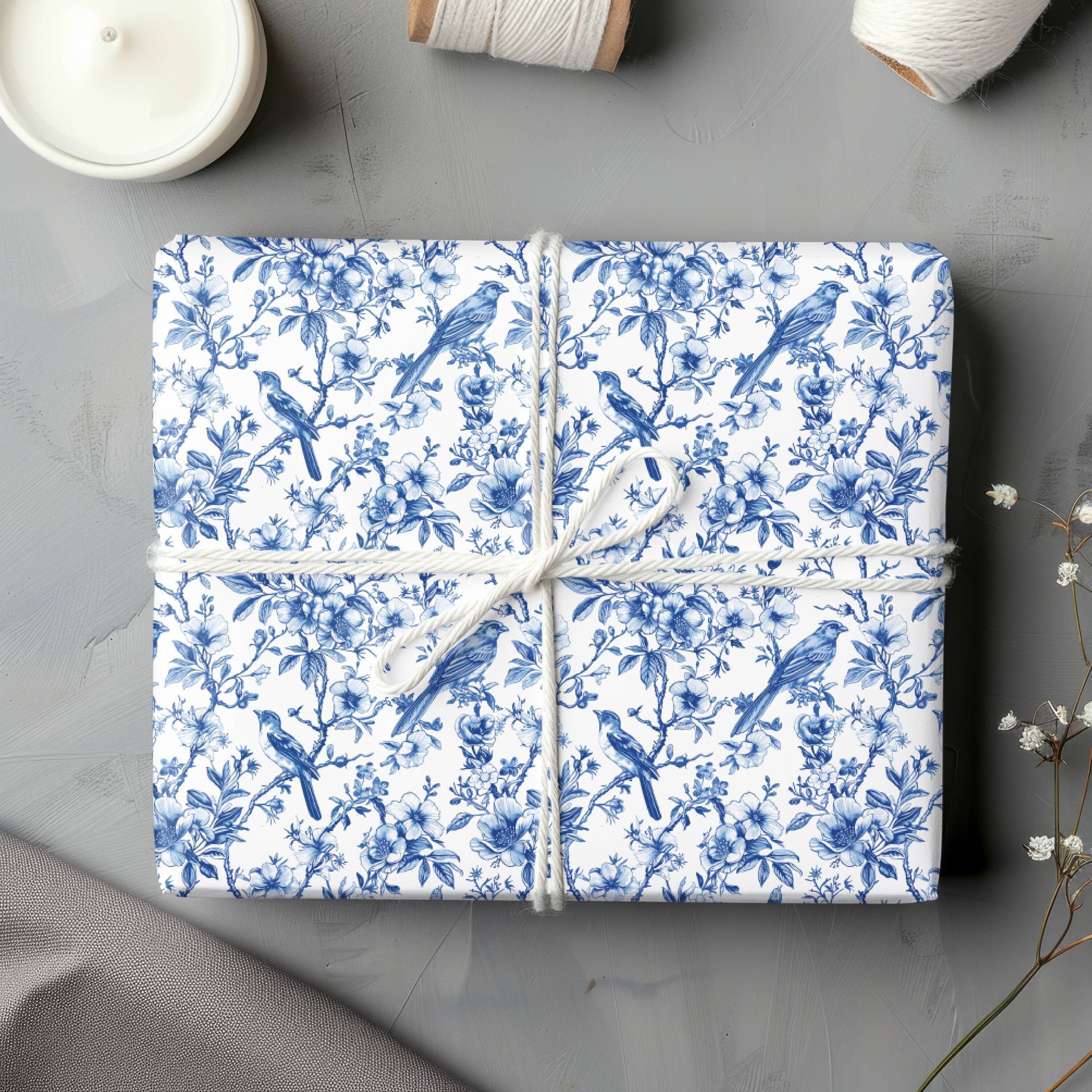 Blue Chinoiserie Wrapping Paper Blue Floral Toile Gift Wrap Roll Blue White Bird Present Wrap Baby Shower Wedding Gift Wrap Bridal Shower - LAUMIANstudio