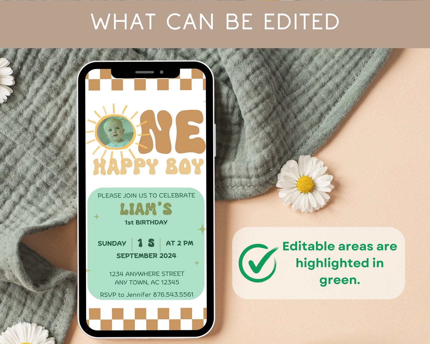 Editable One Happy Boy First Birthday Invitation Template Baby Boy Phone Invite 1st Birthday Evite Boho Sun 1st Birthday Invite Mobile Video - LAUMIANstudio