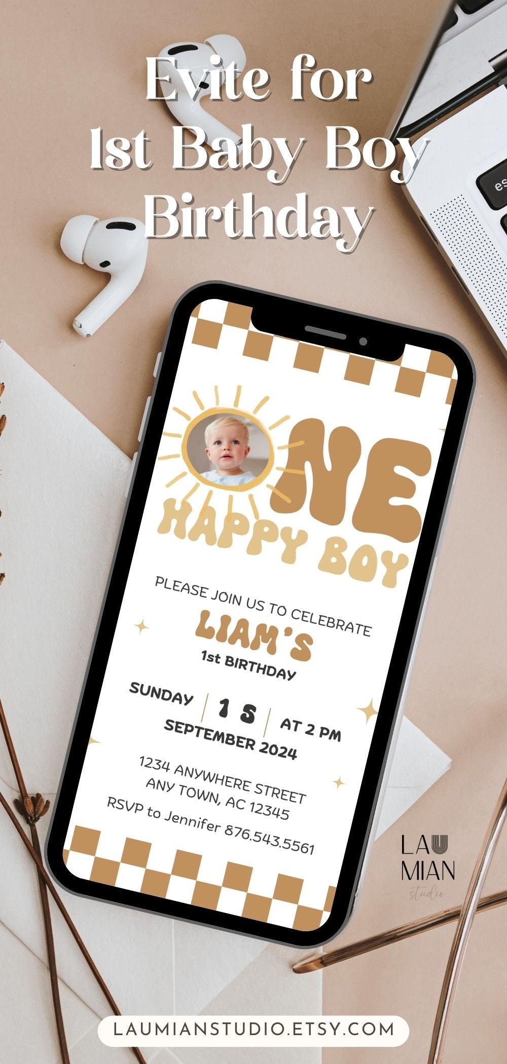 Editable One Happy Boy First Birthday Invitation Template Baby Boy Phone Invite 1st Birthday Evite Boho Sun 1st Birthday Invite Mobile Video - LAUMIANstudio