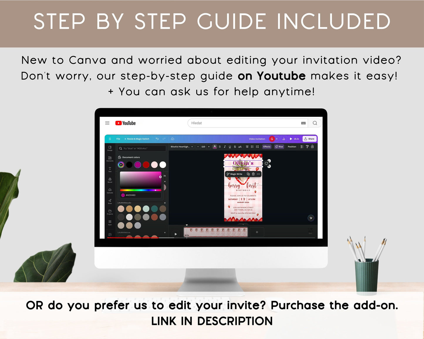 My Berry First Birthday Invitation Template Berry First Video Invite Baby Girl 1st Birthday Invitation Strawberry Mobile Video Pink Gingham - LAUMIANstudio