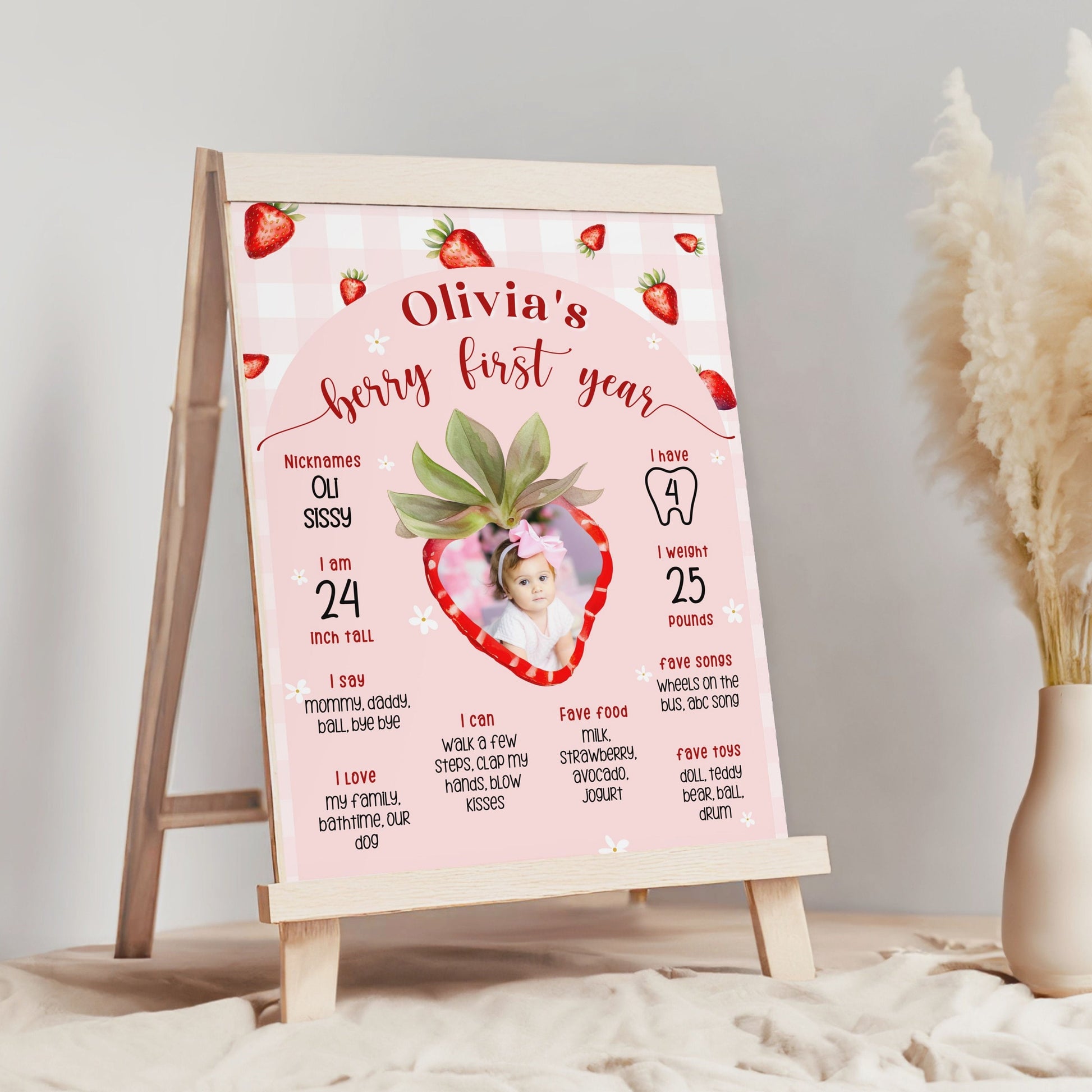 Editable Berry First Year Milestone Board Template Strawberry 1st Birthday Party Sign Baby First Birthday Milestone Poster 1st Birthday Sign - LAUMIANstudio