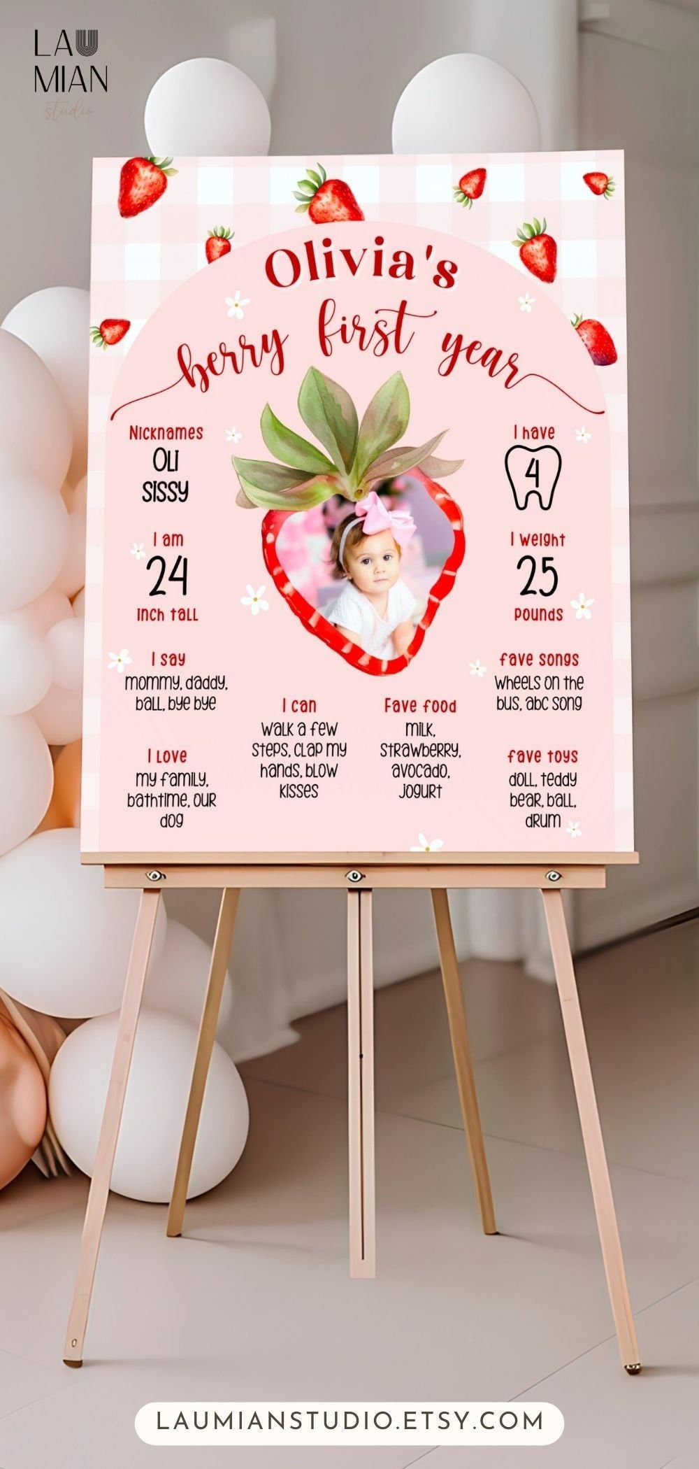Editable Berry First Year Milestone Board Template Strawberry 1st Birthday Party Sign Baby First Birthday Milestone Poster 1st Birthday Sign - LAUMIANstudio