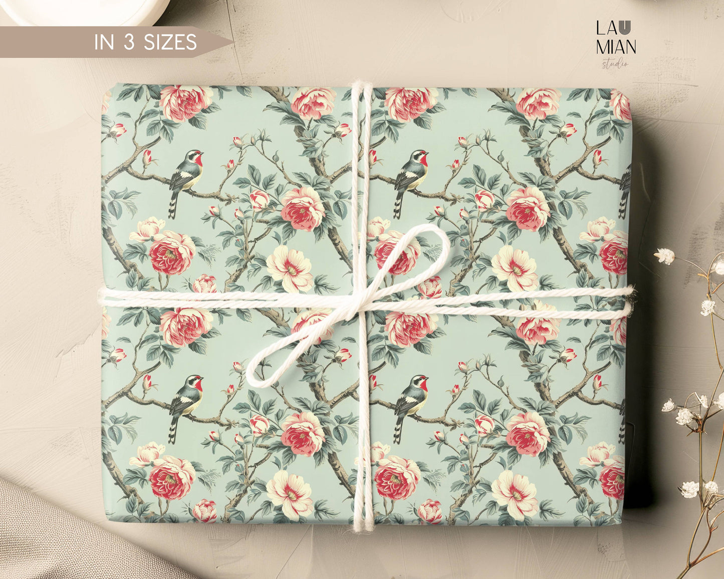 Floral Wrapping Paper Roll with Bird Gift Wrap: Sage Green, Flowers, Birthday, Wedding - LAUMIANstudio