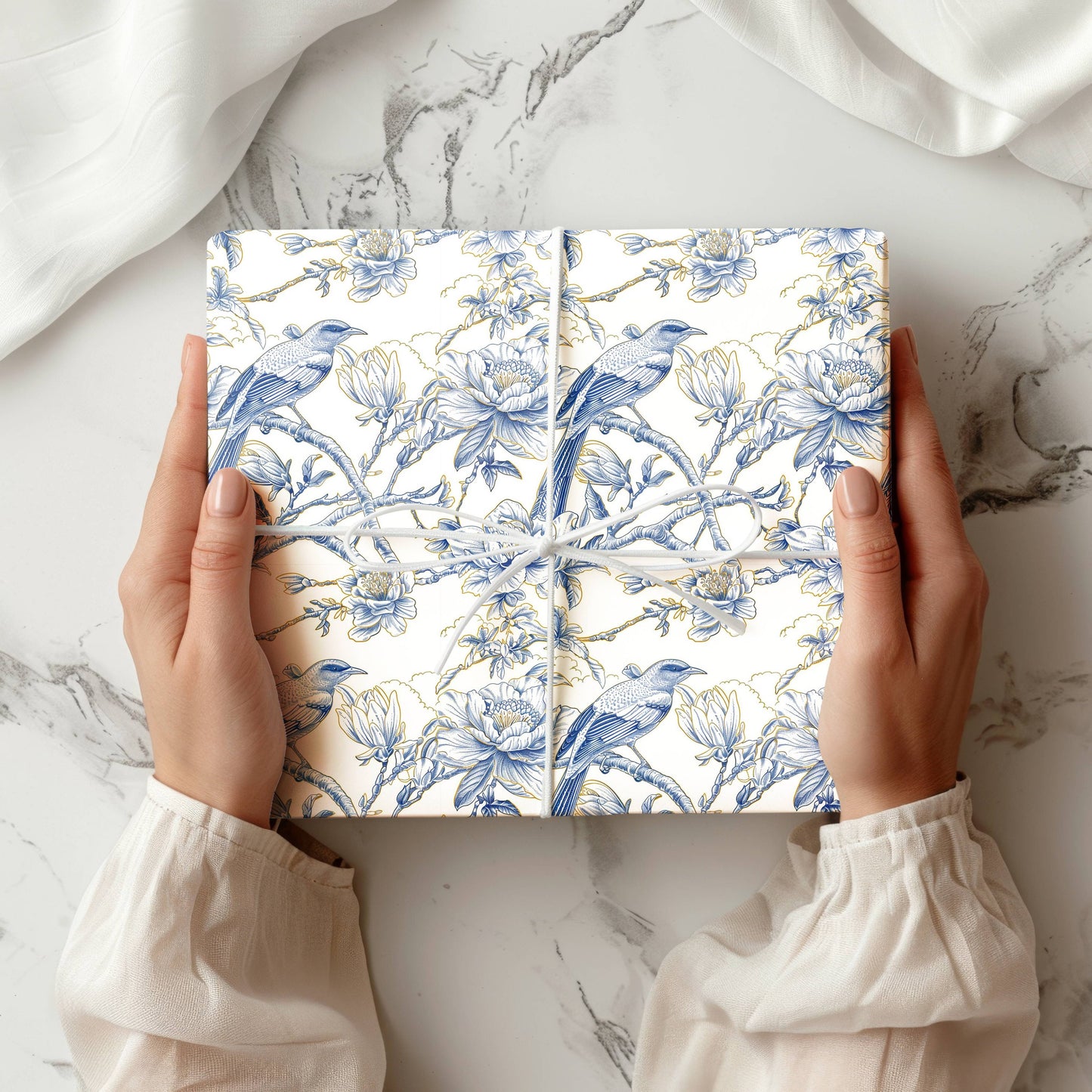 Elegant Chinoiserie Wrapping Paper Luxury Blue Gold Chinoiserie Gift Wrap Wedding Something Blue Present Wrap Paper Roll Luxury Wedding Wrap - LAUMIANstudio