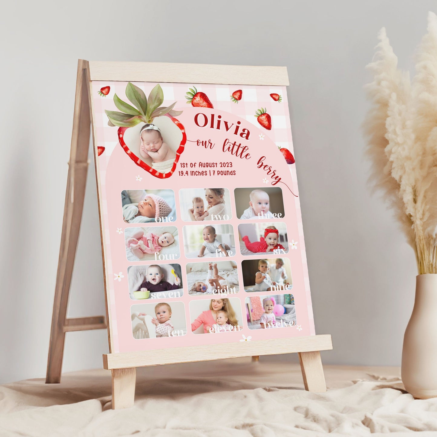 First Year Photo Milestone Board Canva Template Berry First Year Photo Sign Strawberry 1st Birthday Celebration Board with Photo Baby Girl - LAUMIANstudio