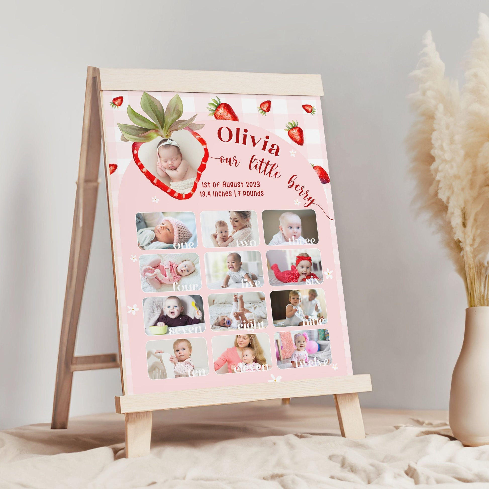 First Year Photo Milestone Board Canva Template Berry First Year Photo Sign Strawberry 1st Birthday Celebration Board with Photo Baby Girl - LAUMIANstudio