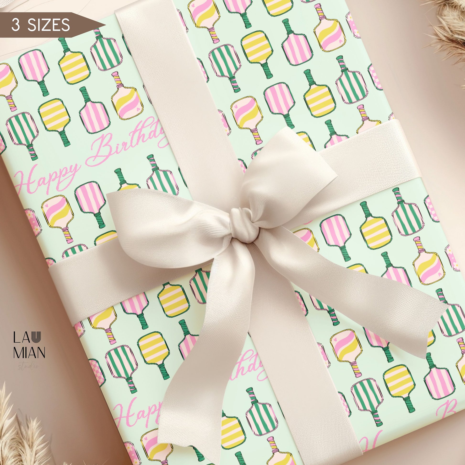 Wrapping Paper Pickleball Happy Birthday Green Wrap Paper Roll Girly Gift Wrapping Paper 35th Birthday Gift Idea Wrap Paper Cute Design Bat - LAUMIANstudio