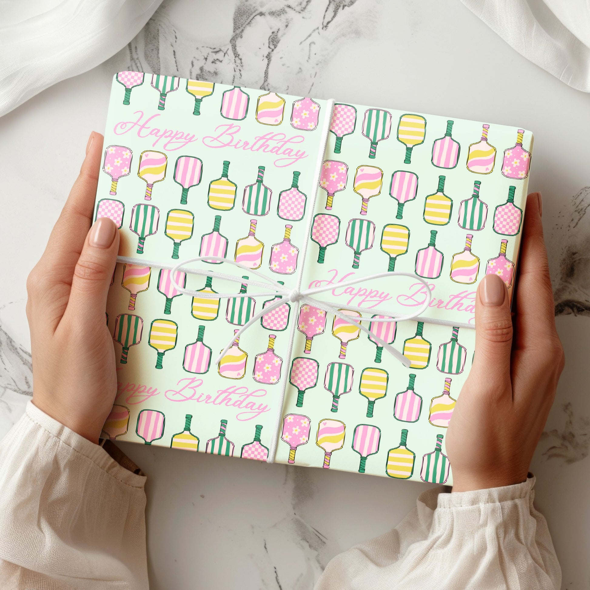 Wrapping Paper Pickleball Happy Birthday Green Wrap Paper Roll Girly Gift Wrapping Paper 35th Birthday Gift Idea Wrap Paper Cute Design Bat - LAUMIANstudio