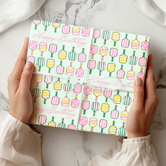 Wrapping Paper Pickleball Happy Birthday Green Wrap Paper Roll Girly Gift Wrapping Paper 35th Birthday Gift Idea Wrap Paper Cute Design Bat - LAUMIANstudio