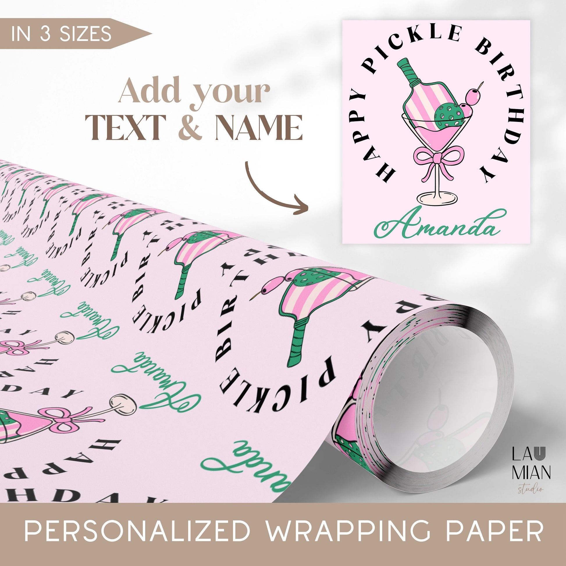 Personalized Birthday Wrapping Paper for Her: Martini, Pickleball Player Gift Wrap - LAUMIANstudio
