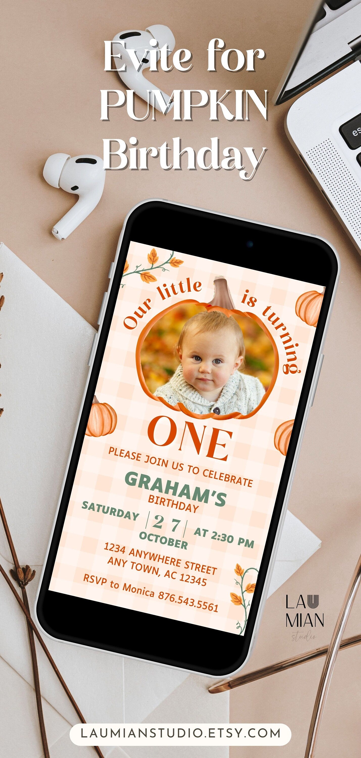 Editable Pumpkin Birthday Invitation Mobile Pumpkin Evite Fall Harvest Pumpkin Invite Video Pumpkin Birthday Invite Pumpkin Template Canva - LAUMIANstudio