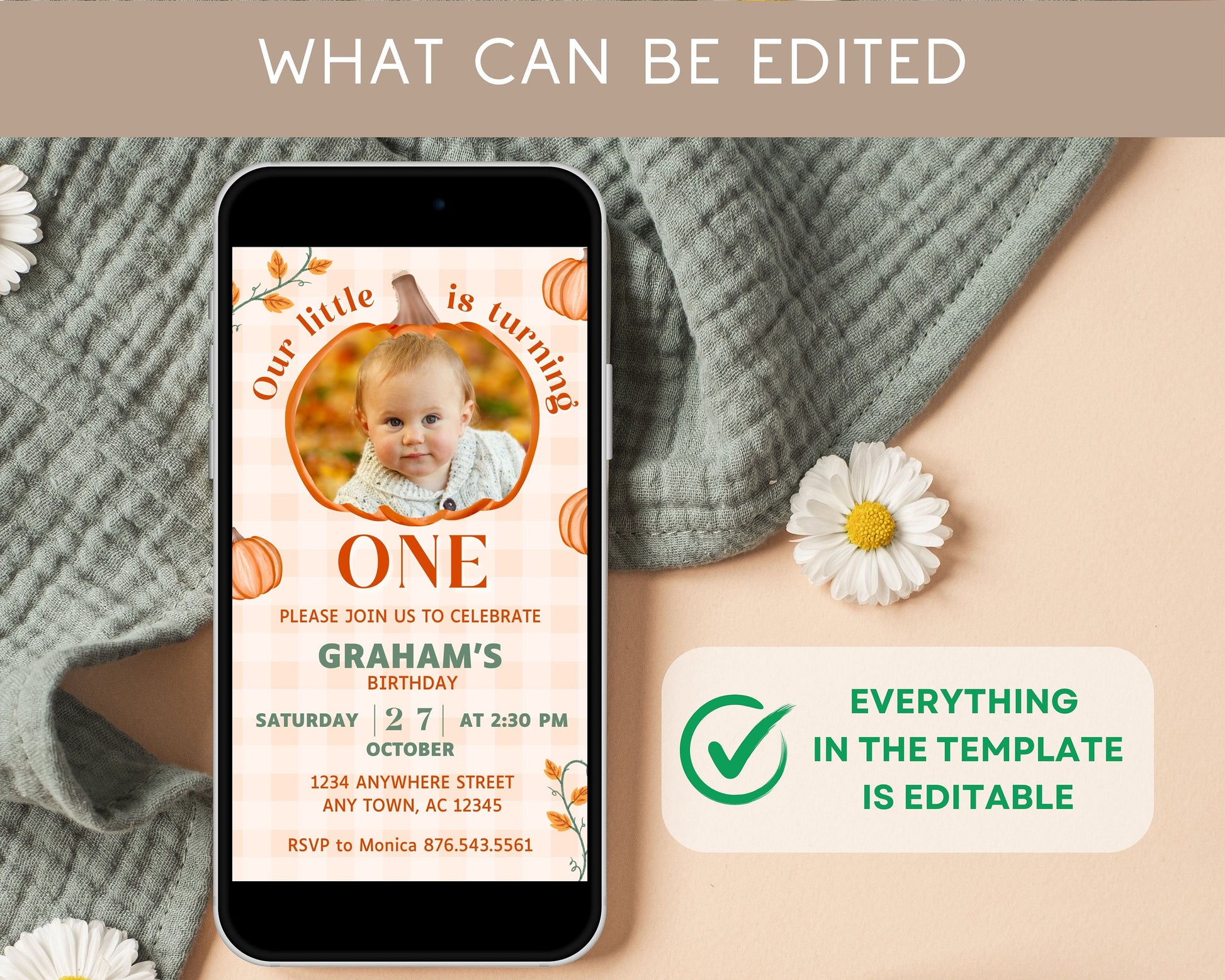 Editable Pumpkin Birthday Invitation Mobile Pumpkin Evite Fall Harvest Pumpkin Invite Video Pumpkin Birthday Invite Pumpkin Template Canva - LAUMIANstudio