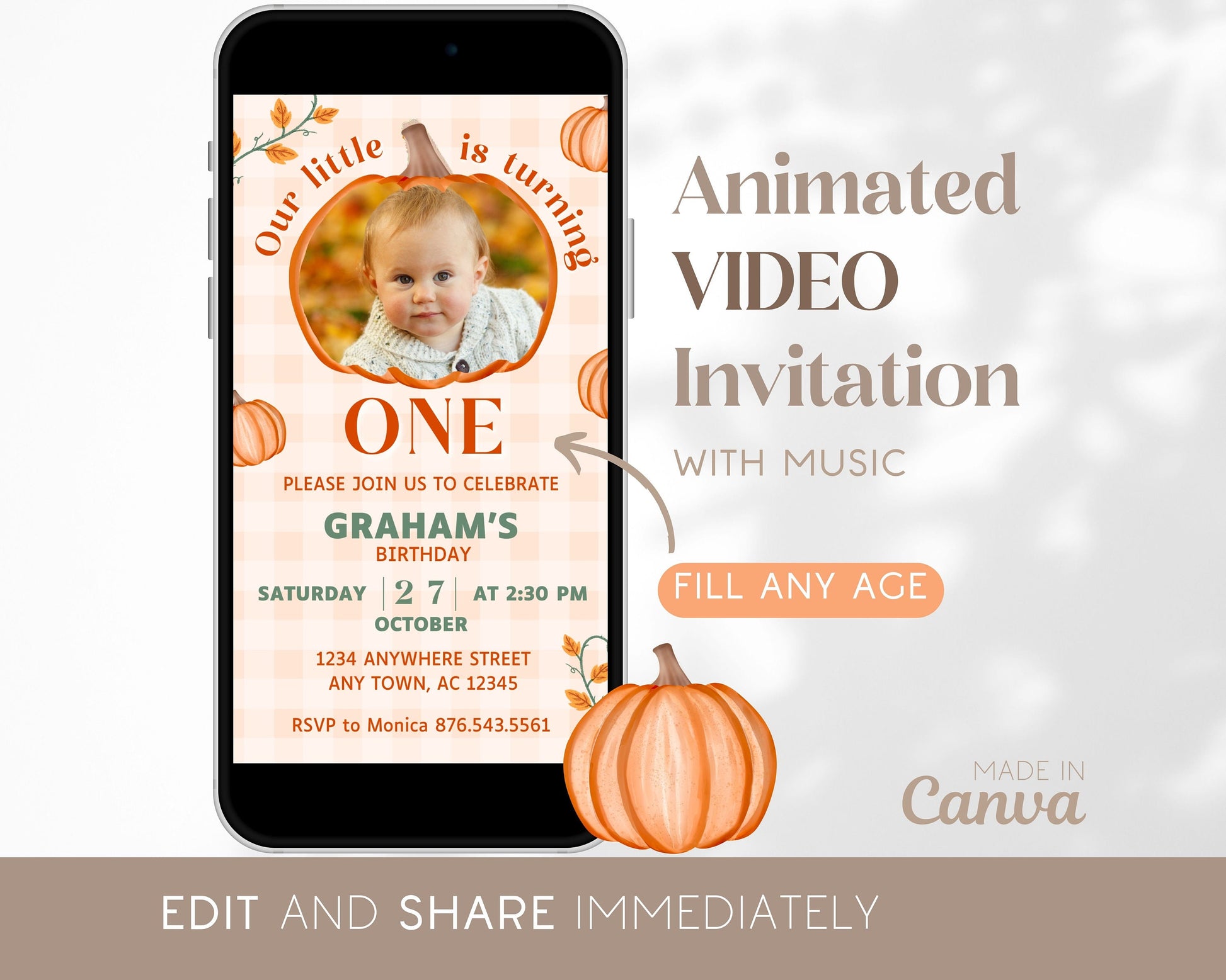 Editable Pumpkin Birthday Invitation Mobile Pumpkin Evite Fall Harvest Pumpkin Invite Video Pumpkin Birthday Invite Pumpkin Template Canva - LAUMIANstudio