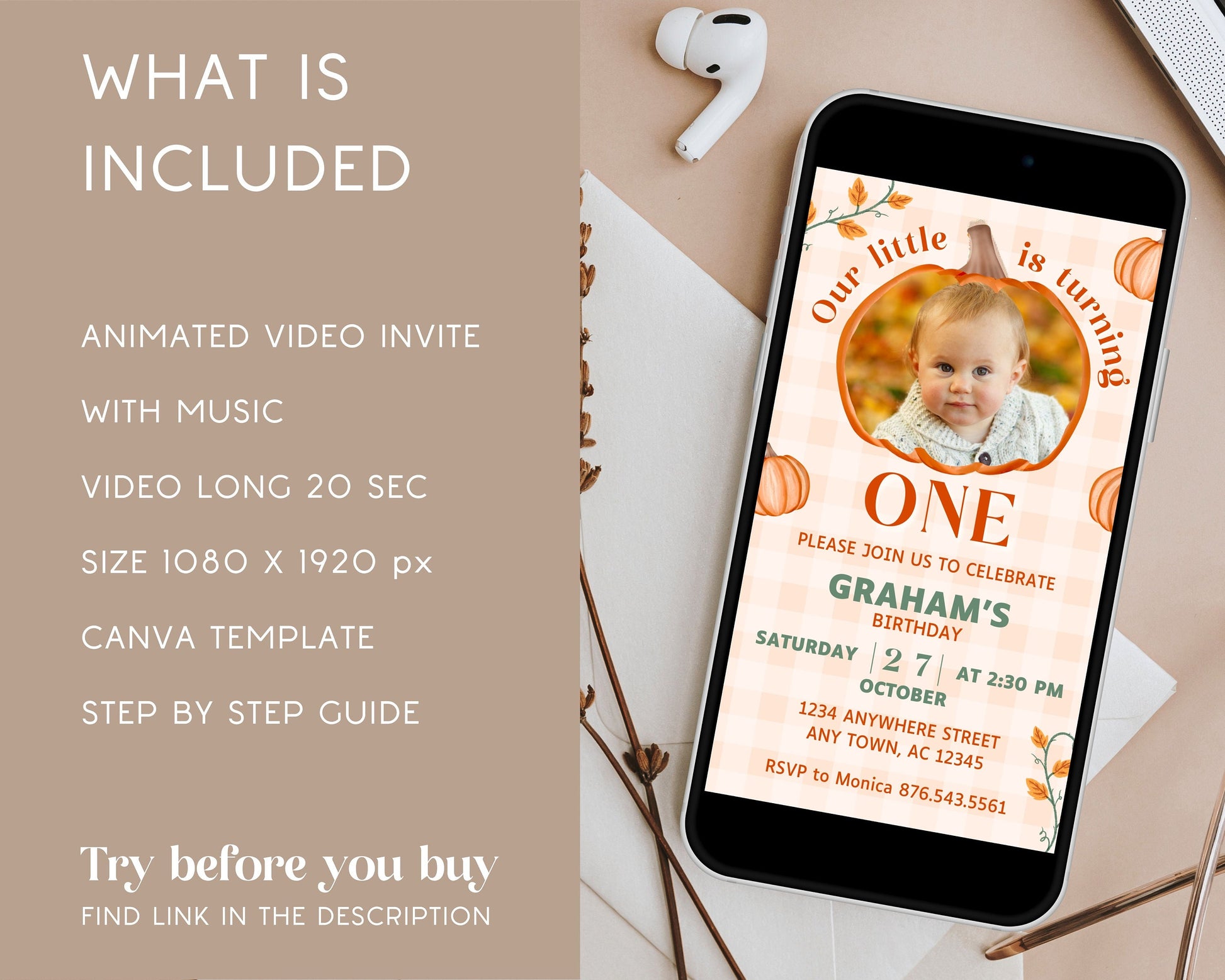Editable Pumpkin Birthday Invitation Mobile Pumpkin Evite Fall Harvest Pumpkin Invite Video Pumpkin Birthday Invite Pumpkin Template Canva - LAUMIANstudio